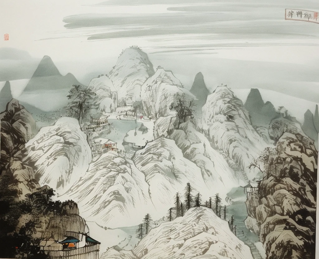 Mountain view with river and village, chinese brush pen illustration, z style art work.show on. to the, Pen illustration, Pen and ink illustration, full page illustration, Detailed view – width 672, The landscape, Chinese landscape, Inspired by::《Qiu Wentianjiang》