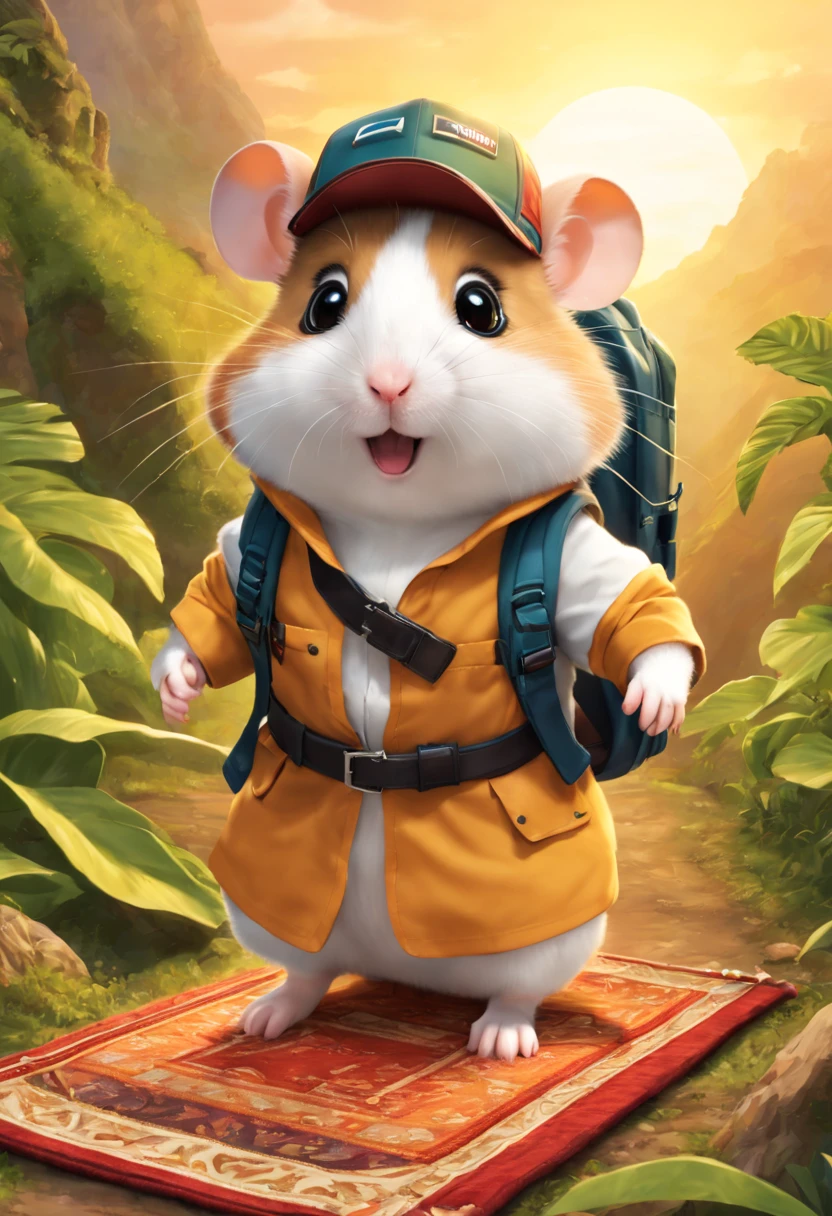 A hamster wearing outdoor explorer clothing,Adventure hats，Carry an adventure backpack, Stepping on Magic Carpet，Explore the virgin jungle，High hills，the sunset, iintricate, The is very detailed