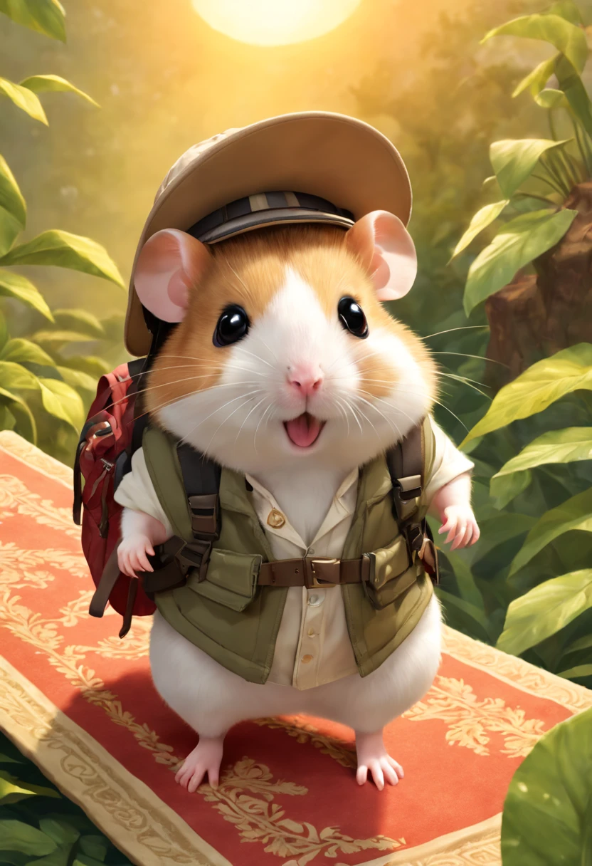 A hamster wearing outdoor explorer clothing,Adventure hats，Carry an adventure backpack, Stepping on Magic Carpet，Explore the virgin jungle，High hills，the sunset, iintricate, The is very detailed