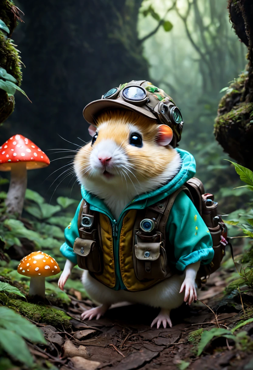 (Best quality,4K,8K,A high resolution,tmasterpiece:1.2),ultra - detailed,(actual,realistically,realisticlying:1.37),Dark, vibrant with colors, Magical atmosphere, Glowing mushrooms, Whimsical, (1 cute hamster adventurer，Wear a set of lightweight and durable adventure gear，Camouflage color adventure vest，Wearing an adventure hat，Bring a small hiking pole, Hamster adventurer in the primitive jungle，Explore Mayan Temples), Surreal, Psychedelic, neonlight, Complicated details, Beautiful texture, Ethereal, like a dream, Soft glowing light, Charming Patterns, Fantasy creatures, Hidden surprises, dreamlike landscapes, Surreal color palette, Mystic aura, ultra-realistic realism, Enchanting journey, psychedelic trip, vivid imagination, immersive experience, mysterious creature, otherworldly charm, glowing paths, light up the forest floor, surreal sky, whimsical characters, glowing light eyes, a magical encounter, Mushroom crown, Fascinating artwork.