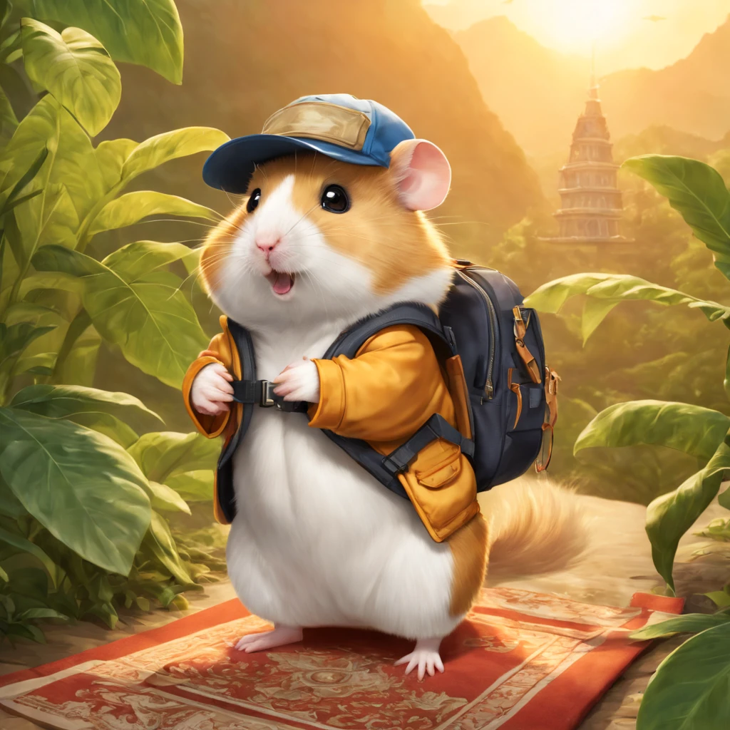 A hamster wearing outdoor explorer clothing,Adventure hats,Carry an adventure backpack, Fly on the Magic Carpet,Explore the virgin jungle,High hills,the sunset, iintricate, The is very detailed