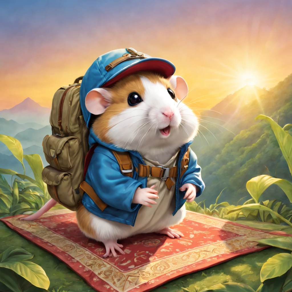 A hamster wearing outdoor explorer clothing,Adventure hats，Carry an adventure backpack, Fly on the Magic Carpet，Explore the virgin jungle，High hills，the sunset, iintricate, The is very detailed