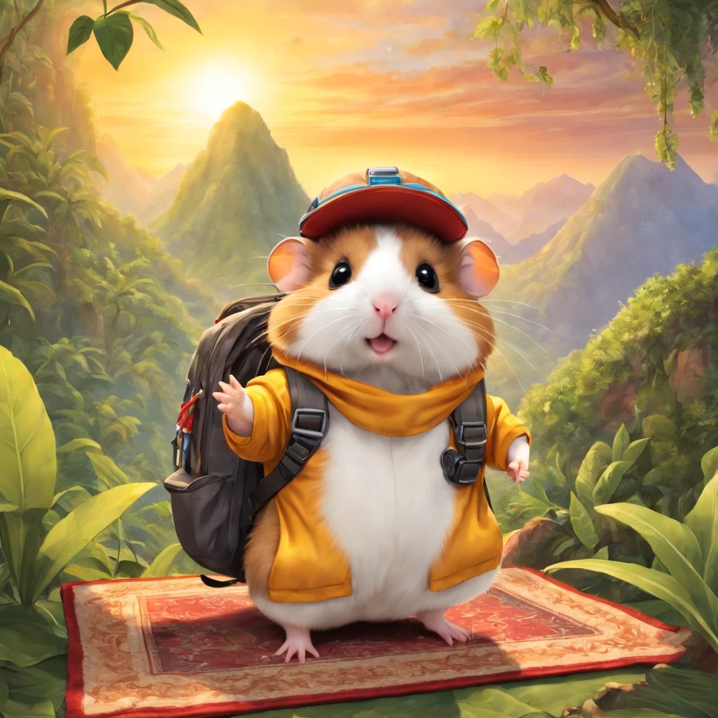 A hamster wearing outdoor explorer clothing,Adventure hats，Carry an adventure backpack, Fly on the Magic Carpet，Explore the virgin jungle，High hills，the sunset, iintricate, The is very detailed