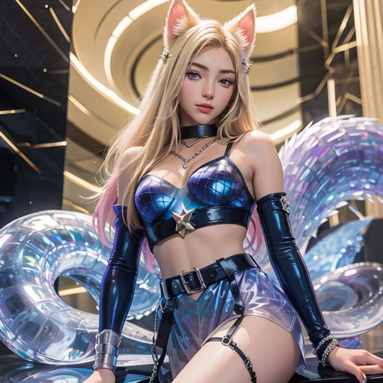 Beautiful girl ,18 years old, blond,wearing  k/da ahri skin in  cosplay event