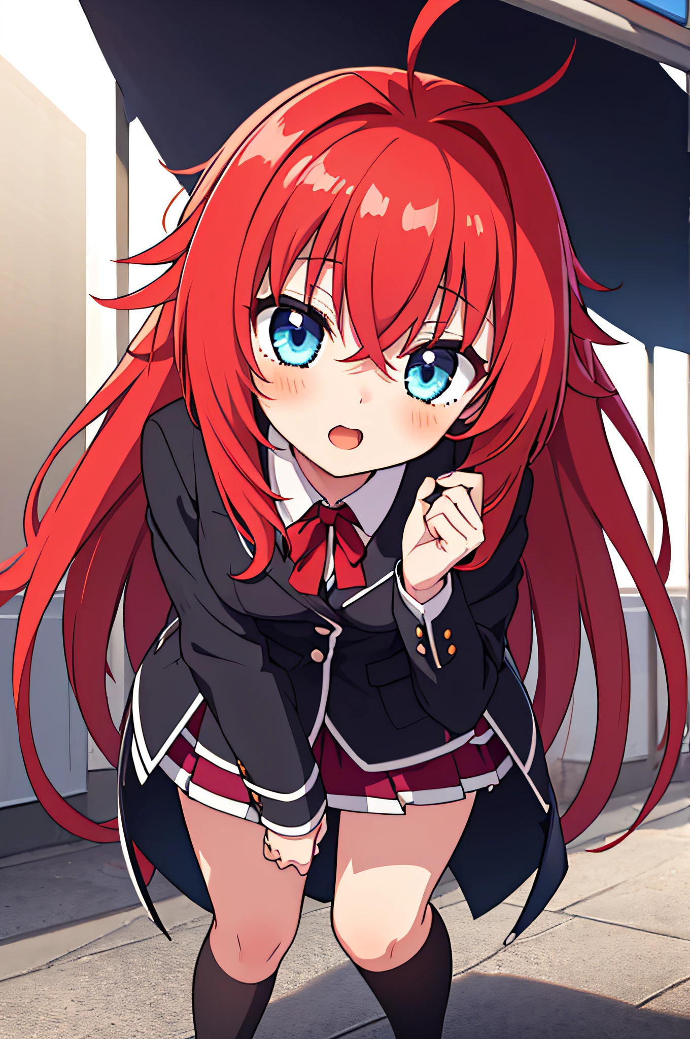 (masterpiece, best quality), 1girl, beautiful face,  rias_gremory, long hair, ahoge, hair between eyes, school uniform, pleated skirt