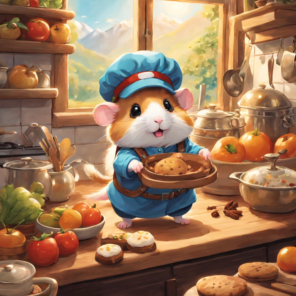 (A hamster,Cartoons) dressed in (Adventure set,Outdoor adventurer clothing) Stand in front exploring a giant's kitchen,Hamster and a (Explorer backpack,Adventure backpack) on its back. illustration,adorable,curious,tiny,paws,fluffy fur,round body,whiskers,leaps,climbing,scampering,on a countertop,bowls of fruits and vegetables,bakery smells,mountains of cookies and cakes,chocolate chips,spices and herbs,shiny pots and pans,gleaming utensils,baking trays,faraway stove with flames flickering,little chef hat,an open cookbook,recipe pages fluttering,climbing up drawers,peeking into cabinets,hidden treasures,spices and grains pouring out,rolling pins and whisks,natural light streaming in through the window,bright and colorful scene,paws holding a carrot. (best quality,ultra-detailed,realistic),concept art,vibrant colors,soft lighting,magical atmosphere.