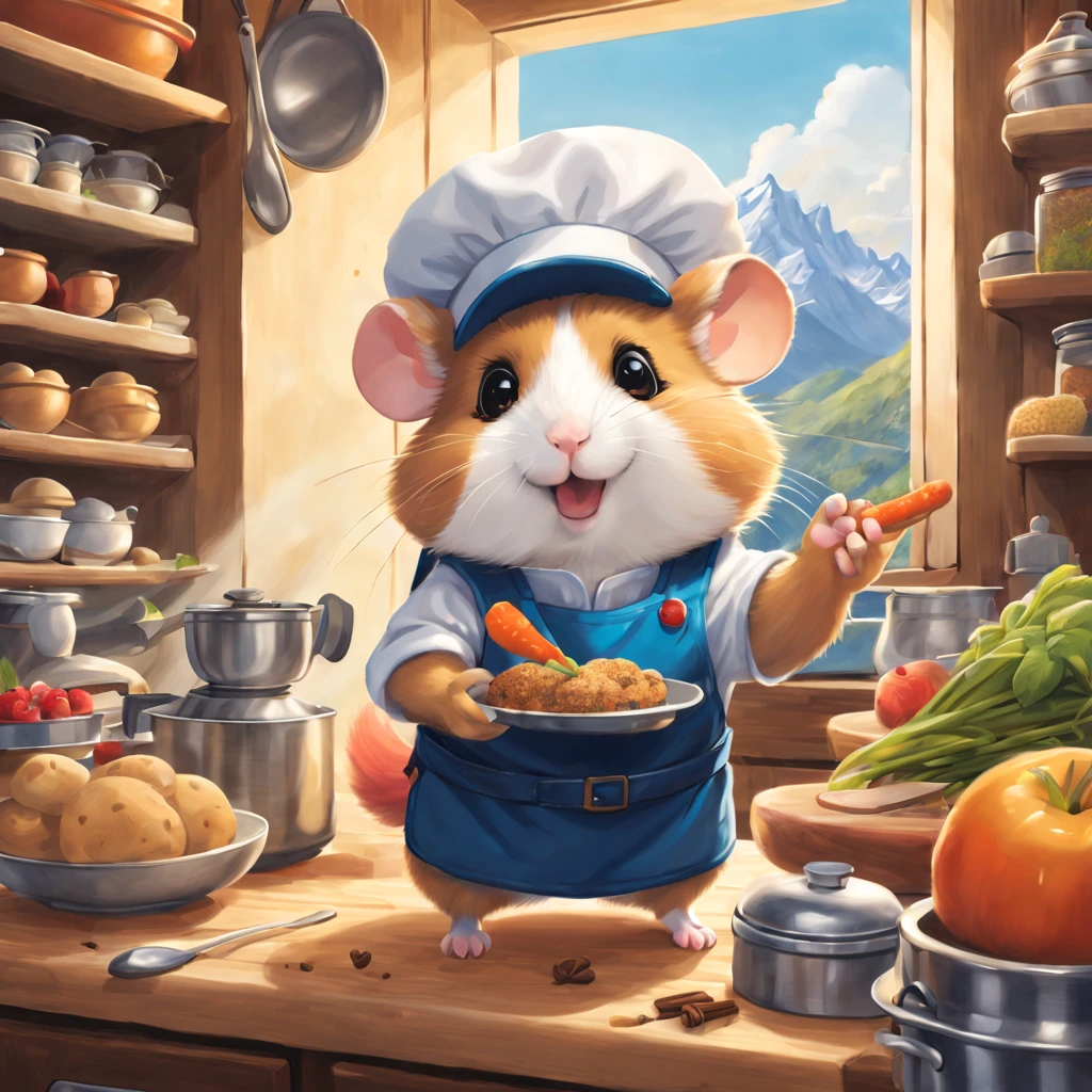 (A hamster,Cartoons) dressed in (Adventure set,Outdoor adventurer clothing) Stand in front exploring a giant's kitchen,Hamster and a (Explorer backpack,Adventure backpack) on its back. illustration,adorable,curious,tiny,paws,fluffy fur,round body,whiskers,leaps,climbing,scampering,on a countertop,bowls of fruits and vegetables,bakery smells,mountains of cookies and cakes,chocolate chips,spices and herbs,shiny pots and pans,gleaming utensils,baking trays,faraway stove with flames flickering,little chef hat,an open cookbook,recipe pages fluttering,climbing up drawers,peeking into cabinets,hidden treasures,spices and grains pouring out,rolling pins and whisks,natural light streaming in through the window,bright and colorful scene,paws holding a carrot. (best quality,ultra-detailed,realistic),concept art,vibrant colors,soft lighting,magical atmosphere.