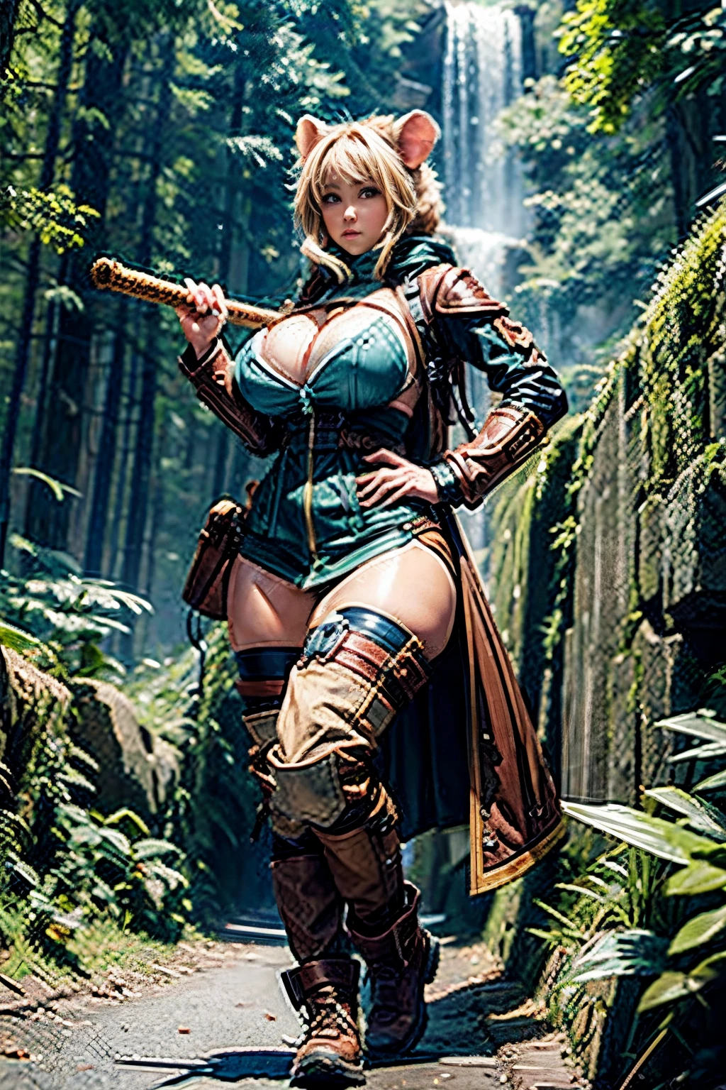 female Hamster Adventurer, eating pose, full body shot, gigantic breasts --ar 2:3