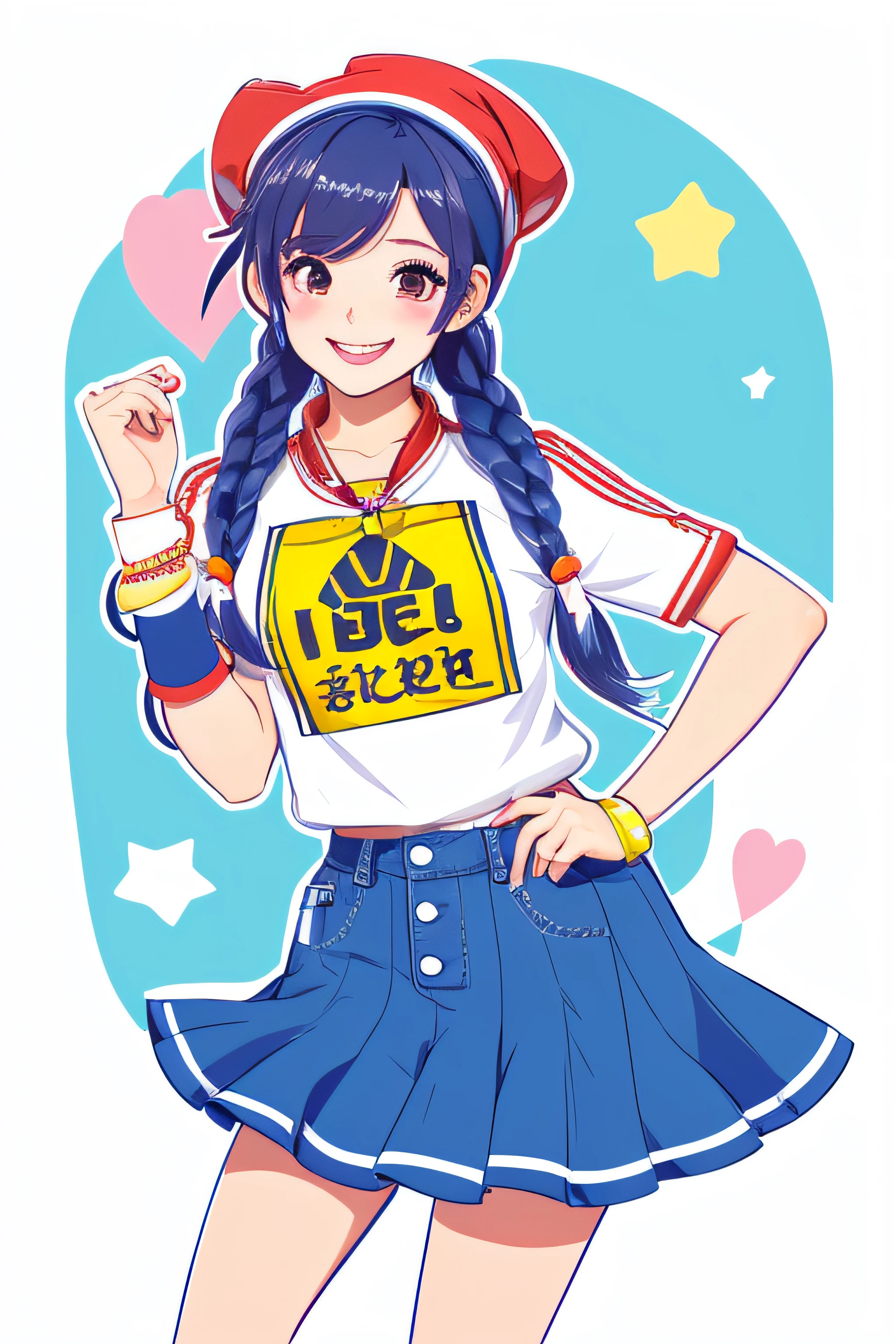 high-level image quality、hight resolution、「Please draw an illustration of a cute and energetic idol..。She has a bright smile、The poses are fun and lively。Use a vibrant color palette、Brighten backgrounds、need to create a positive atmosphere.。The costume is stylish and cute too..、Please leave the accessories to us as well.。The hairstyle and makeup are also distinctive...、express your fashion sense。」