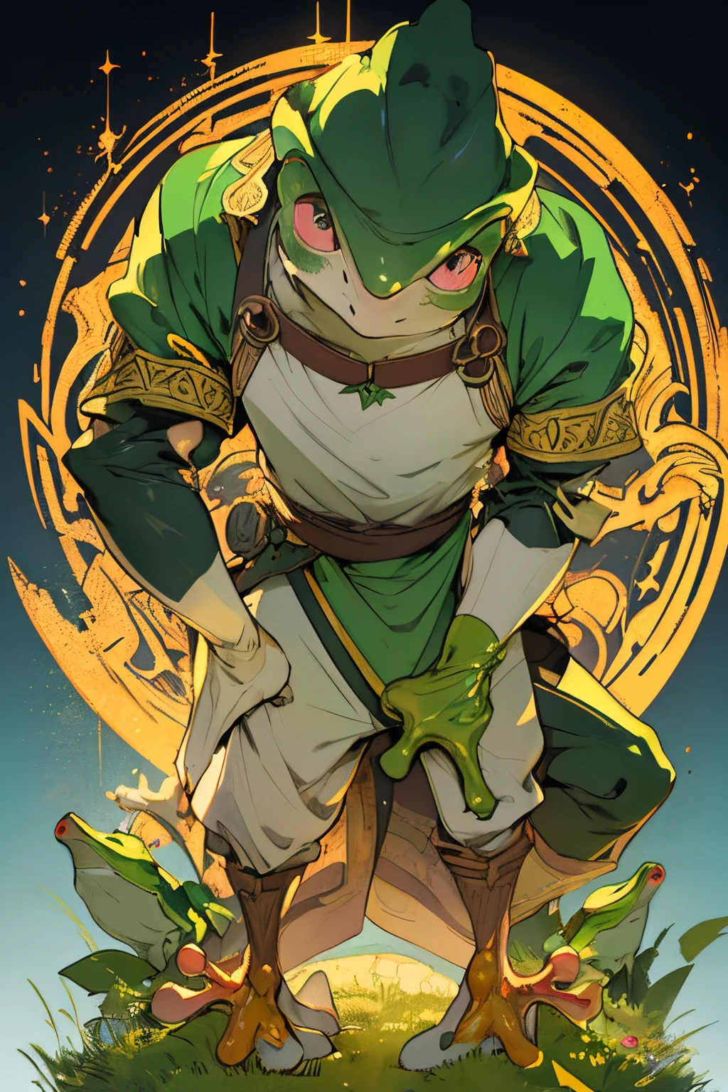 beste-Qualit, tmasterpiece, extra high resolution, 独奏, In the background is a medieval fantasy city, (Frog Arms:1.5), stands, (Humanoid frog:1.3), Furry Frog, Frog erectus, Grung, fantasy, Small size, green skin, in full height, Resident's clothes, fantasy, Clothes of a medieval city dweller, (Fantasy Villager Clothing:1.2), D&D, Depth of field, non-human, (dynamicpose:1.0),(centered, scale to fit the dimensions, the rule of thirds), hight resolution, sharp-focus, (((bright colours, A striking theme))), (Intricate), (Masterpiece), (Best Quality),((minimalism)).