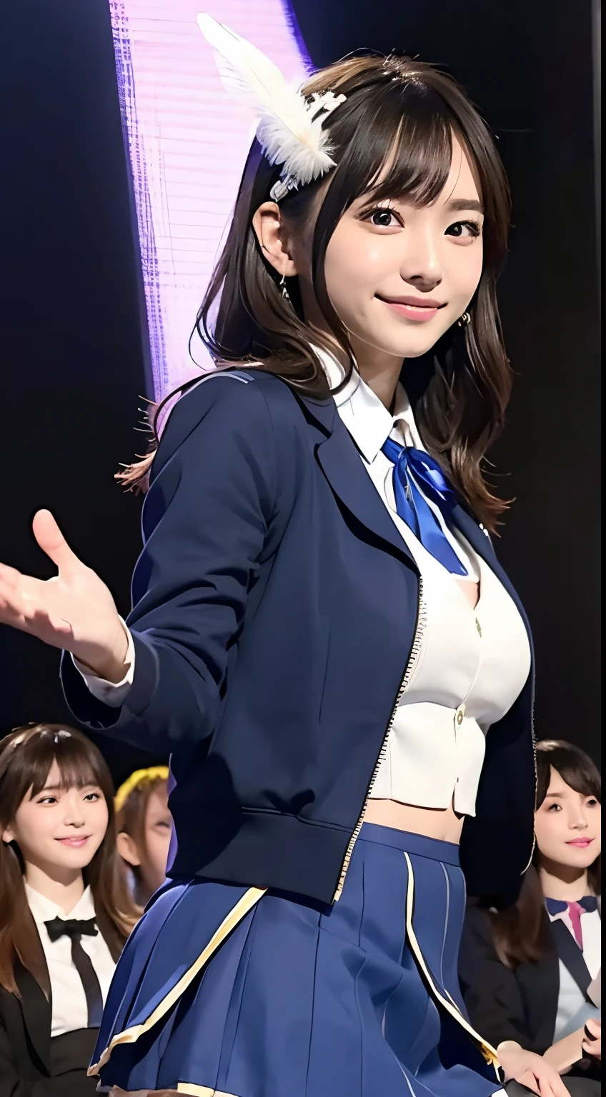 ​masterpiece、1 Beautiful Girl、A detailed face、A detailed eye、Detailed skin、Detailed hand、top-quality、Illuminated from the front with bright lighting、profetional lighting、Facing straight ahead、The background is a little blurry、The costumes are idol costumes like AKB48(Check short skirt、Jacket feather hair ornament、Cute tie)、Trendy Korean Cosmetics、Amazing smile、Dancing on a live stage、
Some of the costumes and hair ornaments are blue、
Hairstyle is long hair、
Age is 18 years old、
Left arm spread wide、
The color of the eyeball is black、
