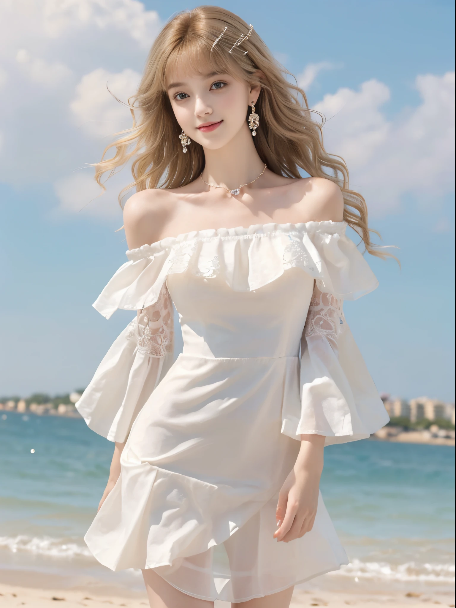 ((from below)),1 busty girl, Posing for photos, Outdoor sports, Seafront, The sky is mostly cloudy, Cross ed leg,looking at viewert, detailed scene, curlies, Air bangs, beautiful hair ornaments, Brownish-yellow hair, ((Sweet girly clothes 4,Off-the-shoulder dress,jewely,)), illuminate warmly, warm color palette, Detailed details, ultra - detailed, (tmasterpiece, Best quality at best), (An extremely delicate and beautiful work), Delicate earrings, Delicate necklace, simple blurr background, Extremely detailed description, Ultra-fine painting, delicated face, slim toned body, (ssmile), (Anatomical correct)