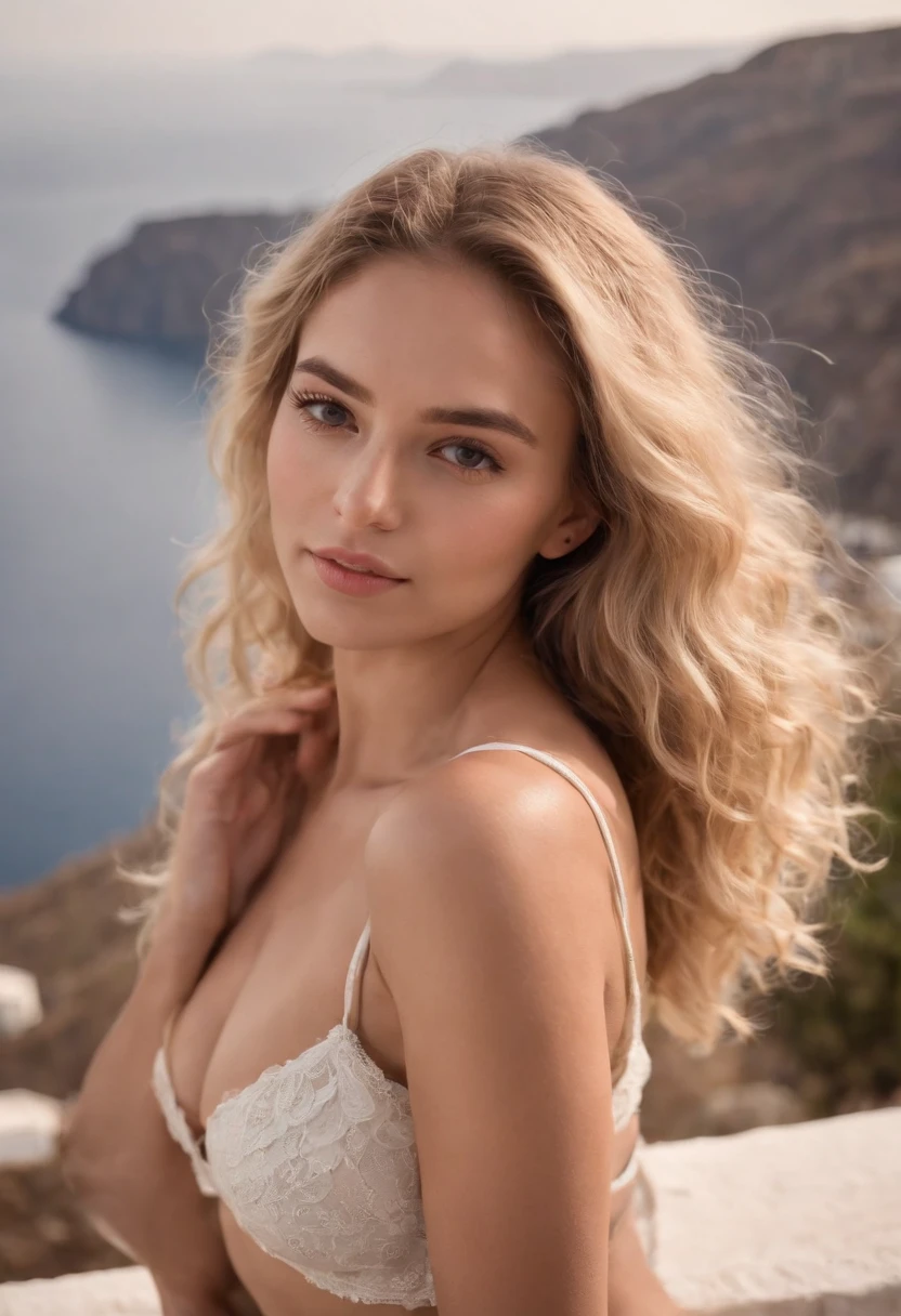 Sexy woman, 20 years old, slim, athletic, tanned skin, big breasts, narrow waist, curly blonde hair, instagram model, realistic, instagram picture, photography, genuine, natural. greek scenery, santorini.