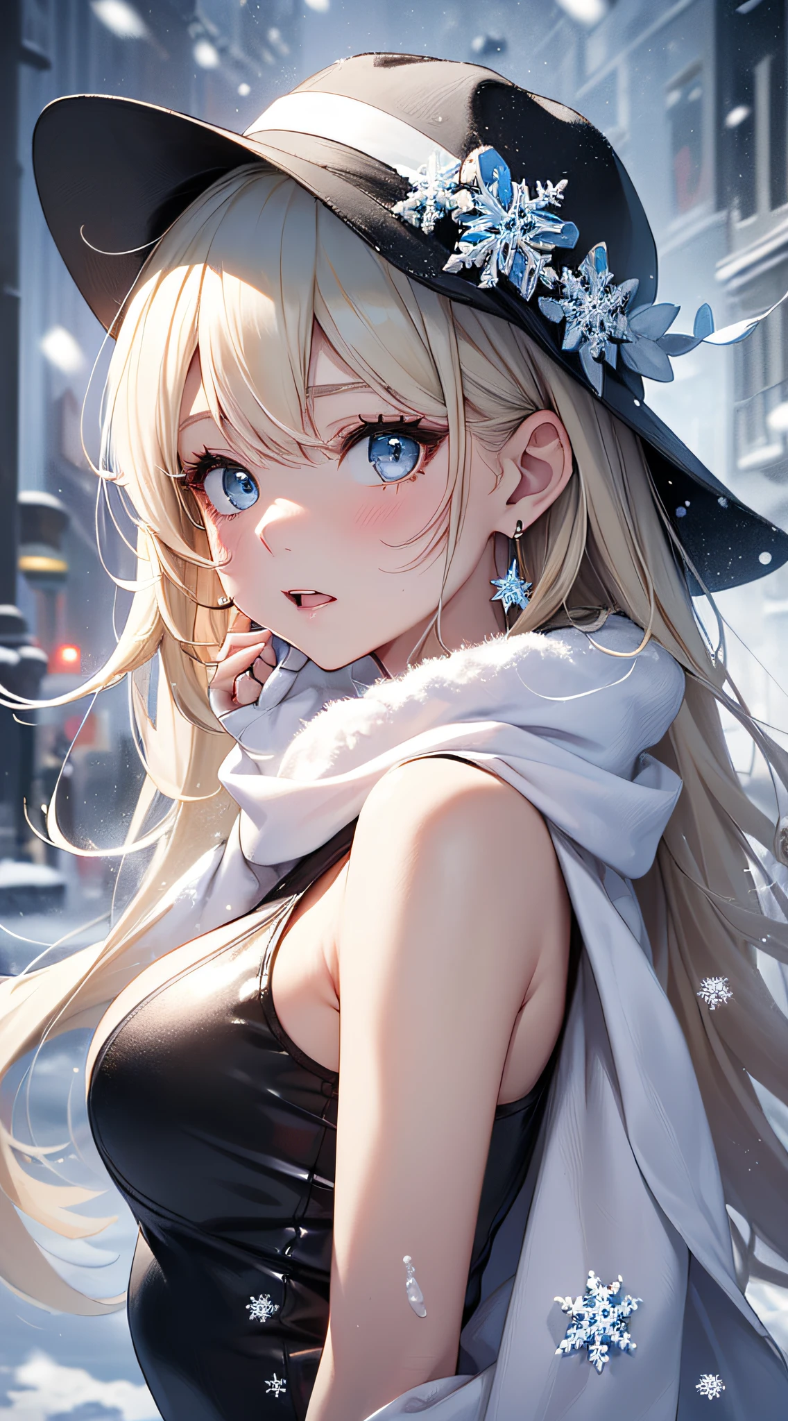top-quality、Top image quality、​masterpiece、girl with((Black tank top、White coat、Black leather pants、sixteen years old、teen ager、cute little、Best Bust、big bast,Beautiful light blue eyes、Breasts wide open, a blond、A slender,Large valleys、belligerent movements,Hugging gestures、dye one's cheeks red、shivering、sapphire earrings、exhale white、Hats、Cold Face)),hiquality、Beautiful Art、Background with((ice burn city、snowflakes falling、Heavy snow falls)))、masutepiece、depth of fields,8K