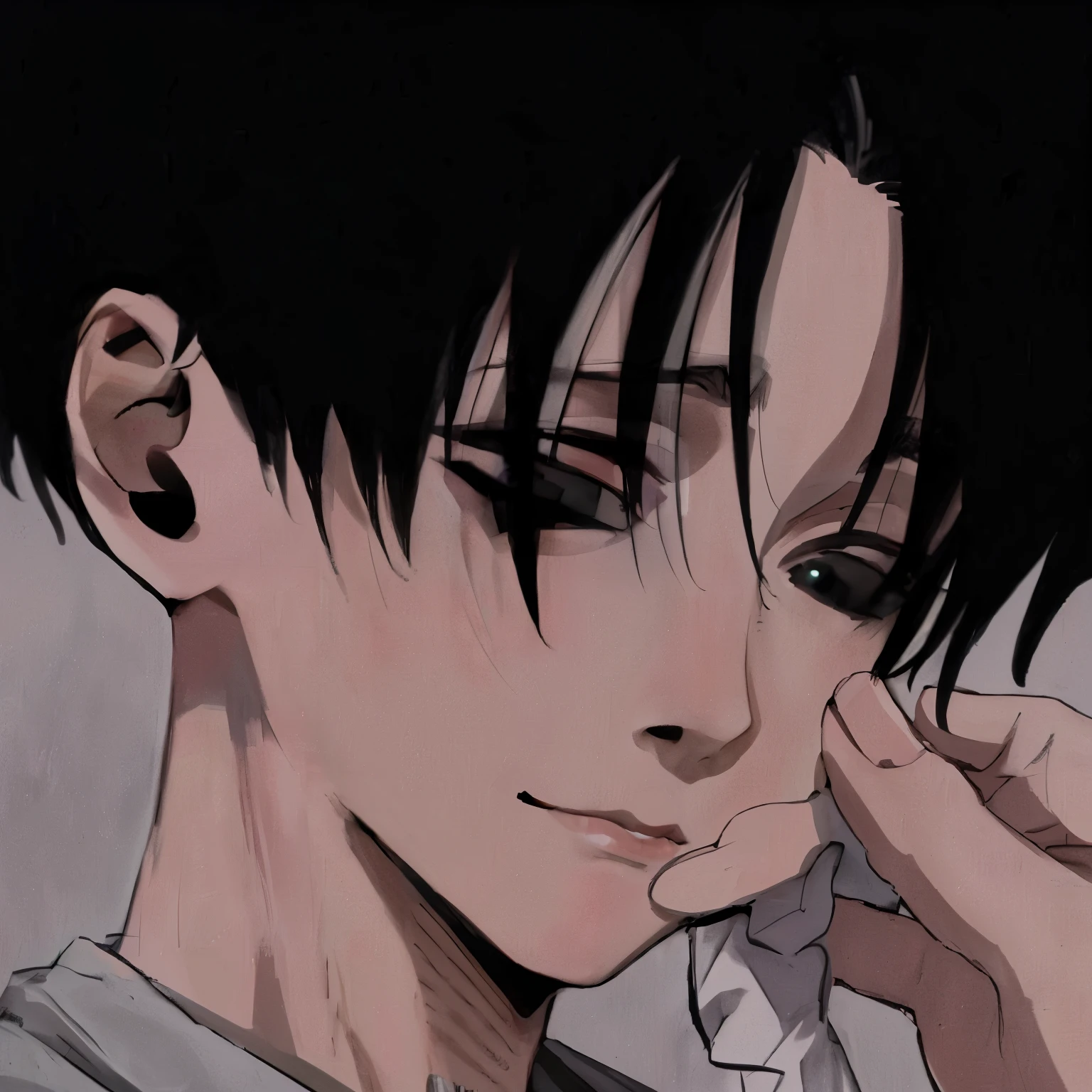 1man,highly detailed,high res, (Yoonbum),killing stalking,black hair,solo, outside, detailed eyes, full face, white wall,(blurred_background)