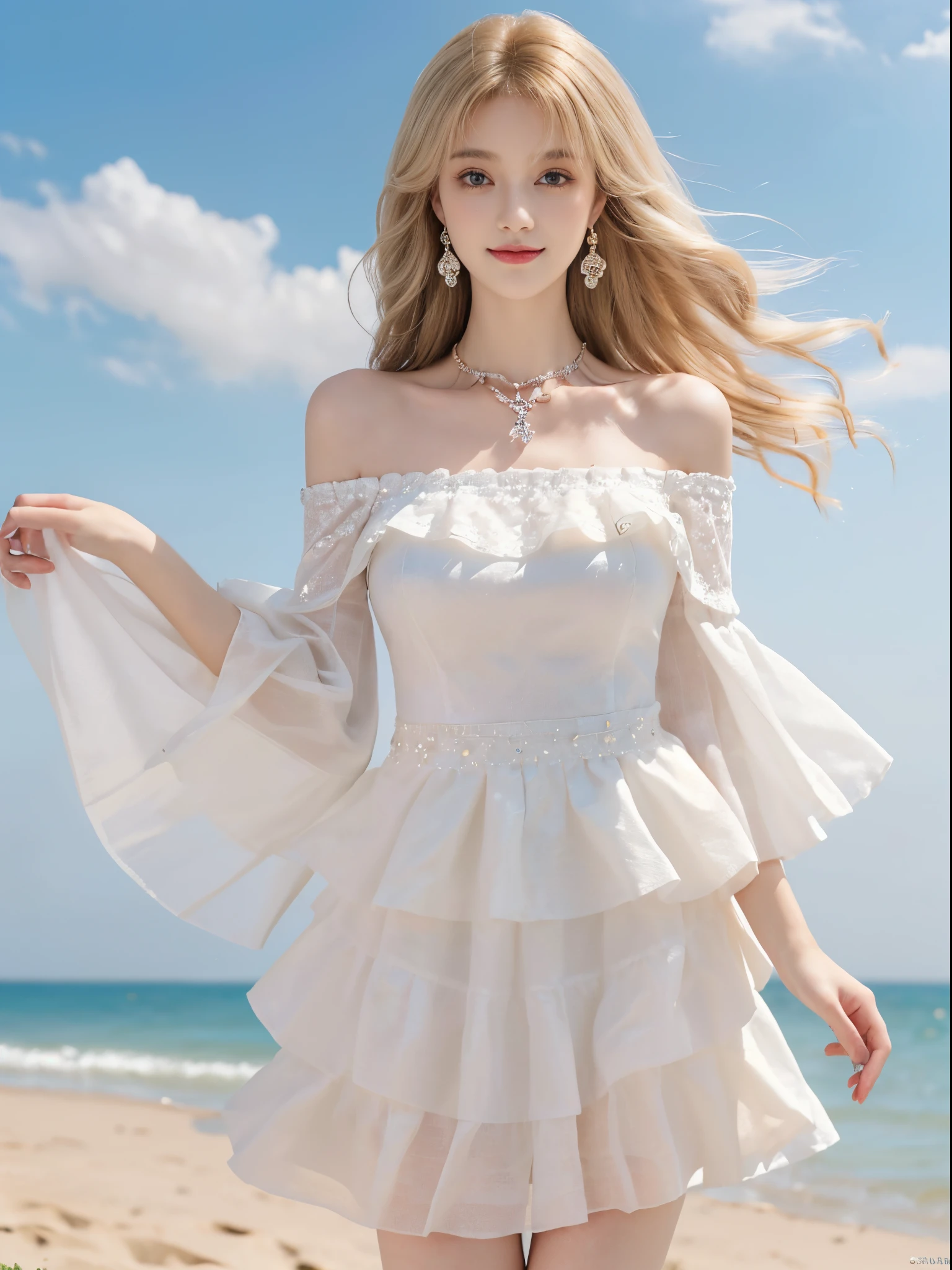 ((from below)),1 busty girl, Posing for photos, Outdoor sports, Seafront, The sky is mostly cloudy, Cross ed leg,looking at viewert, detailed scene, curlies, Air bangs, beautiful hair ornaments, Brownish-yellow hair, ((Sweet girly clothes 4,Off-the-shoulder dress,jewely,)), illuminate warmly, warm color palette, Detailed details, ultra - detailed, (tmasterpiece, Best quality at best), (An extremely delicate and beautiful work), Delicate earrings, Delicate necklace, simple blurr background, Extremely detailed description, Ultra-fine painting, delicated face, slim toned body, (ssmile), (Anatomical correct)