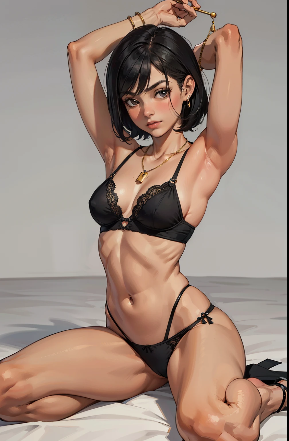 black pantie, lace bra, uma , pequena, skinny, muscular, short hair, corpo todo, lay on the floor, arms up, studio background, childish appearance, chifres pequenos na testa, maquiagem, mascara, Lips are soft or colored, fundo preto simples, minimalismo, monotone, paletas de cores simples, limpo, Crisp drawings, silhuetas fluidas,, camisas curta, Asymmetric, geometric, Materiais e designs elegantes e luxuosos, Simple and minimalist accessories, Necklaces and thin rings in silver or gold, Pulseiras simples, Designs diferentes, silhuetas simples, estilo simples e sofisticado, elegence, minimalismo, materiais de alta qualidade, Fresh and urban printing, alta moda, Simplicity and sophistication, molhada, sexy, Erotic, decote, youthful appearance