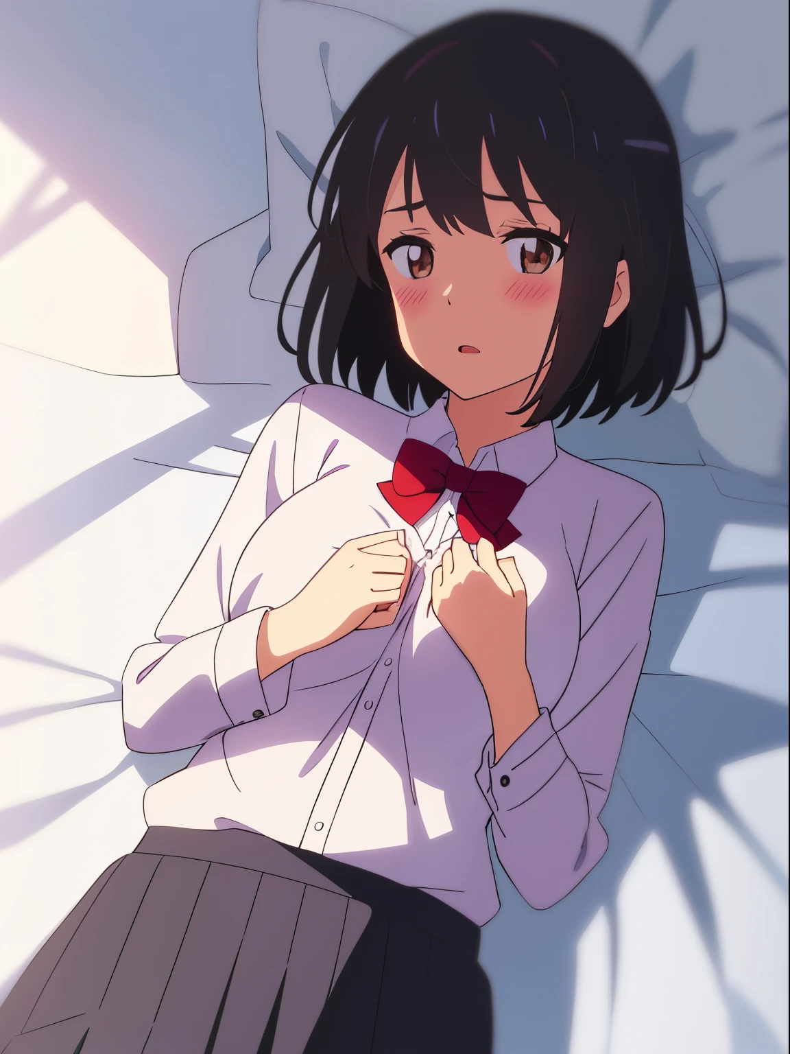 shinkai makoto, kimi no na wa., 1girl, bangs, bed sheet, open mouth, black hair, blush, breasts, medium breast, brown eyes, red bow, short hair, solo, upper body, white long sleeve shirt, medium breast, cowboy shot, lying, medium breasts, on back, grey skirt, bedroom, covering her chest