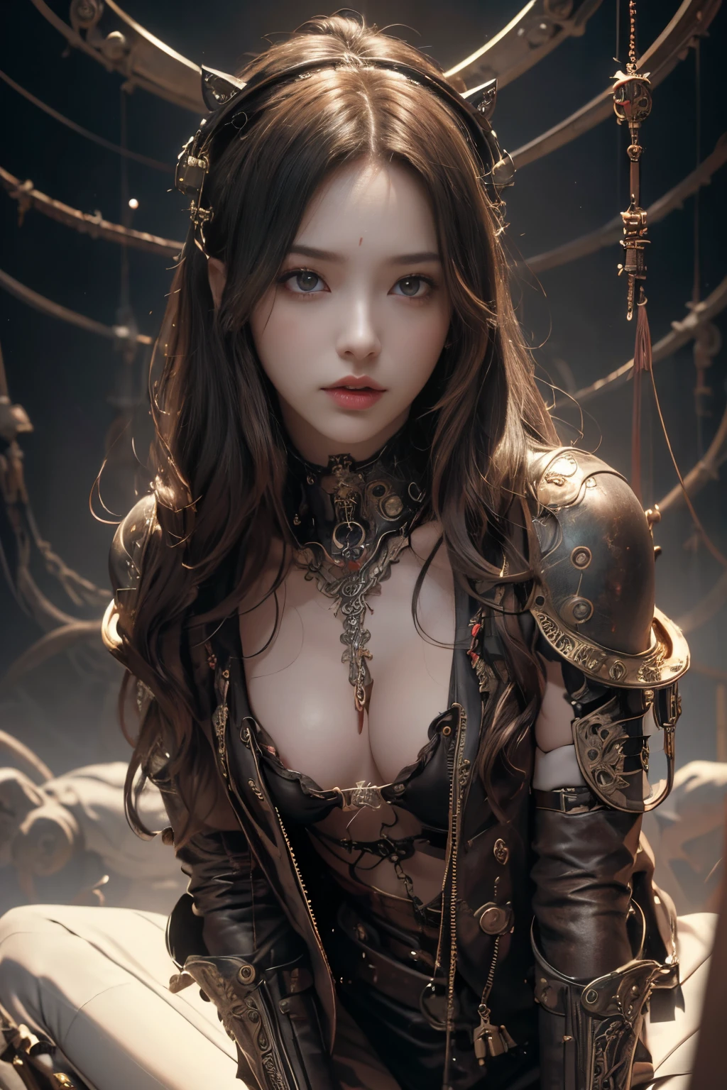 (((Absolute full-length images,front-facing view))),Japan Maiden 、 ((super realistic details)) 、 portlate 、 Global Illumination 、 shadowy 、 Octane Rendering 、 in 8K 、 ultrasharp 、 Steampunk Body 、 Metal 、 Intricate decoration details 、 cool color 、 Gothloli details 、 highly intricate detail 、 Realistic light 、 CG Trend、Golden Eyes、Shining eyes、Facing the camera、neon details、small tits、Visible cleavage、Mechanical parts、blood vessels connected to tubes、Mechanical vertebrae attached to the back、Mechanical cervix attached to the neck、Upright Pose、Wired and cable connected to head、The background is a steampunk room