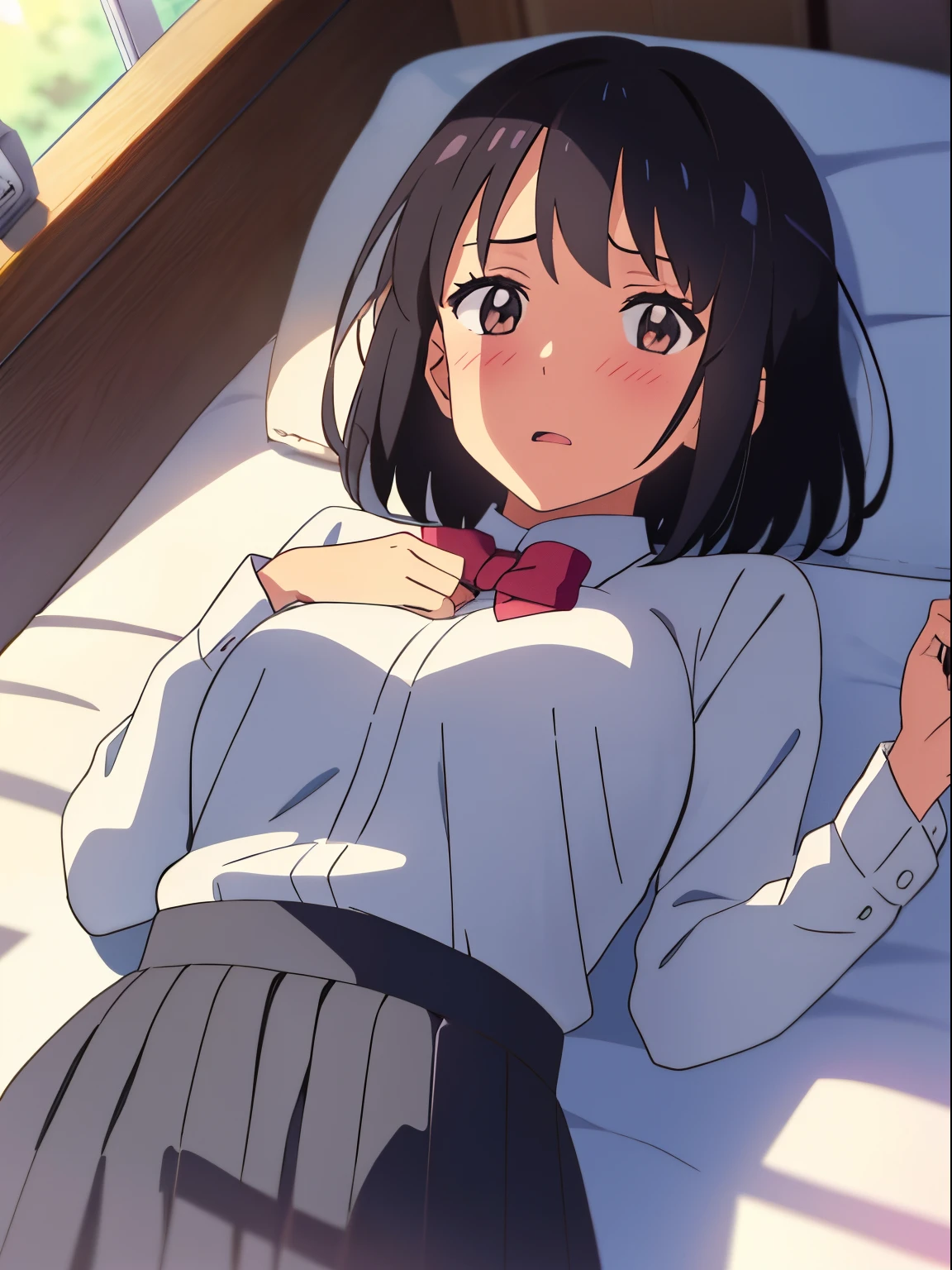 shinkai makoto, kimi no na wa., 1girl, bangs, bed sheet, open mouth, black hair, blush, breasts, medium breast, brown eyes, red bow, short hair, solo, upper body, white long sleeve shirt, medium breast, cowboy shot, lying, medium breasts, on back, grey skirt, bedroom, covering her chest