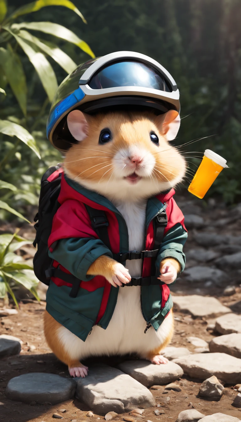 A hamster wearing outdoor explorer clothing,Adventure hats,Carry an adventure backpack ,radiation mosaic:1.2, catch the sun:0.8, like shards of glass,Inject warmth and energy into a space:0.4 Flash and dance.
