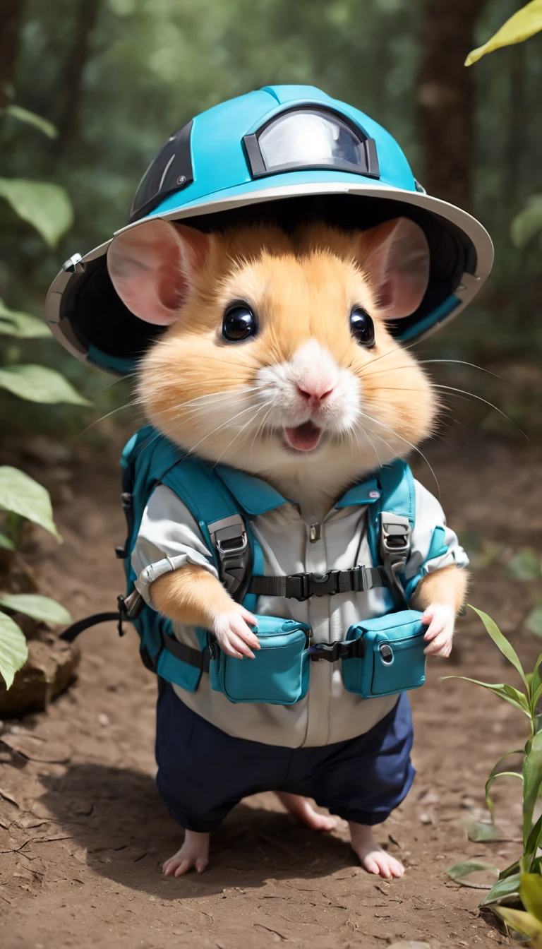 A hamster wearing outdoor explorer clothing,Adventure hats,Carry an adventure backpack ,radiation mosaic:1.2, catch the sun:0.8, like shards of glass,Inject warmth and energy into a space:0.4 Flash and dance.