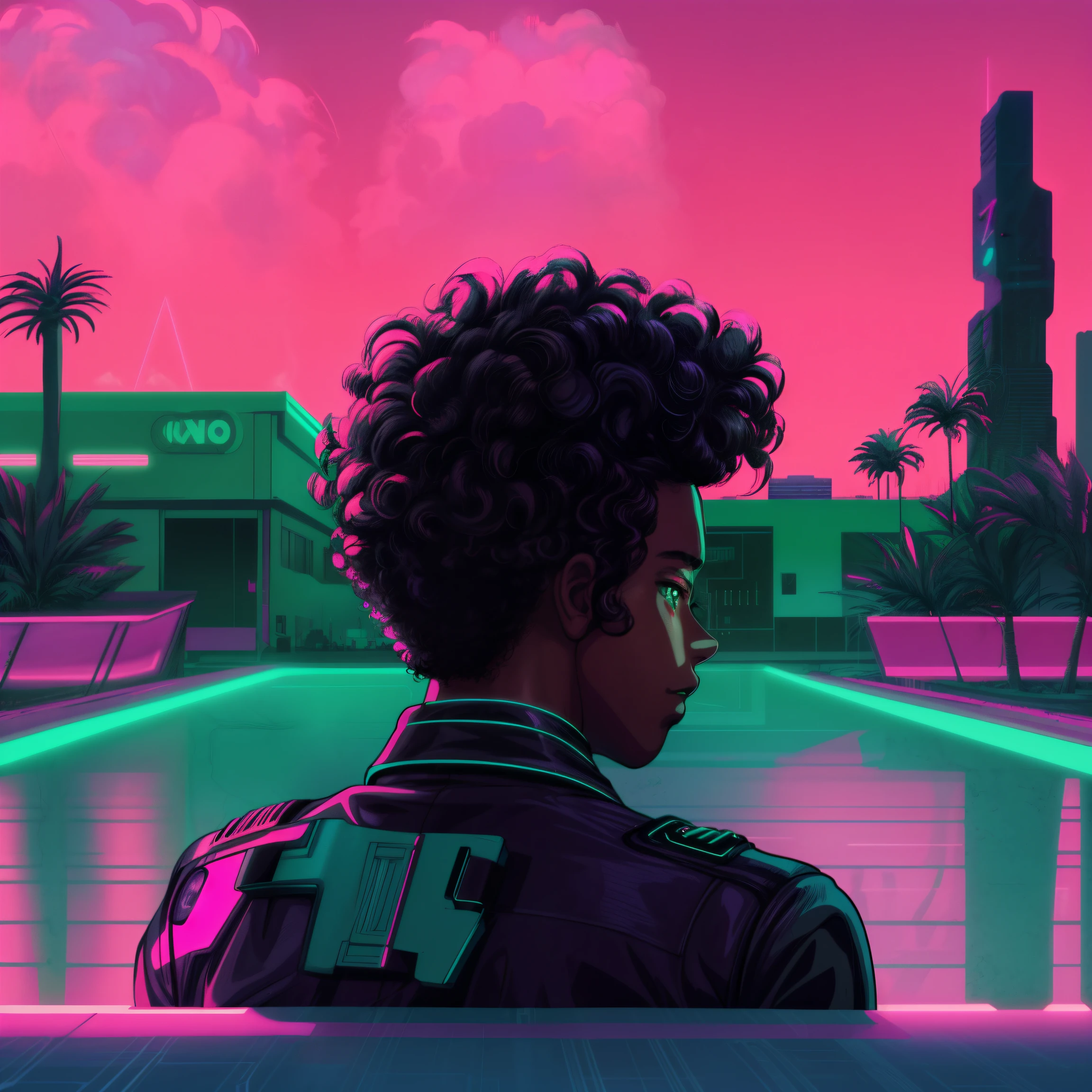 ((Style anime)), jeune homme noir mixte aux cheveux noirs bouclés, (Style NFT),  retrowave noir, Vibrations rétrowave, Esthétique synthwave, vague de vapeur, Chef-d’œuvre de style Vaporwave, Art de la synthwave, Art rétrowave, Chef-d’œuvre Epic Retrowave Art, inspiré par Mike Winkelmann, ambiance rétro-onde, Style artistique synthwave, L’art de Vaporwave