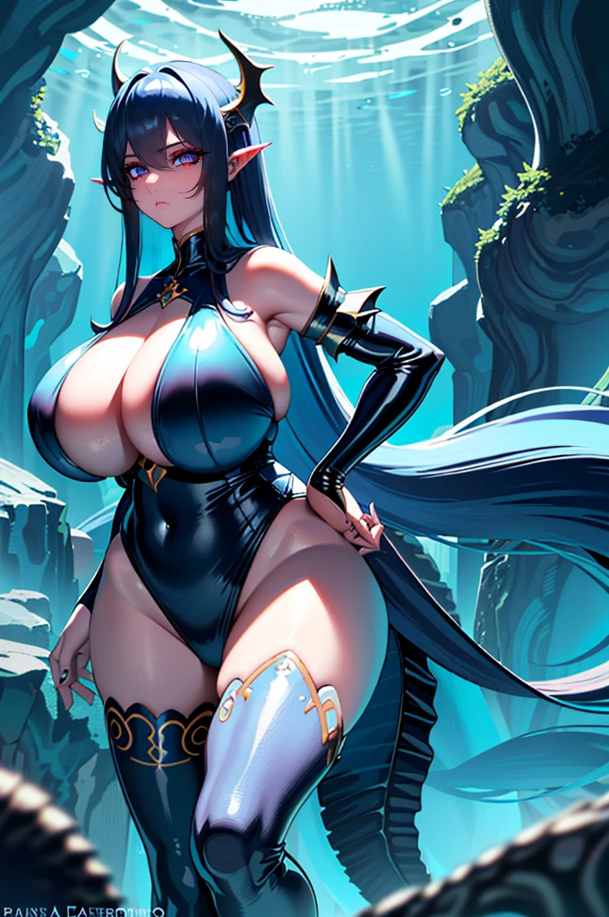 ((sea monster girl)) Masterpiece, best quality, 1 girl, long hair, Beautiful Eyes, Perfect Eyes, ((Dark blue Hair)), ((long hair)), ((Girl with leviathan features, Girl with huge tail , Blue skin, dominating gauze, girl with scales, View of a giant Girl, detailed tail, huge tail, girl with tail, sea creature tail)), ((Standing)), ((posing with hands on hips)), Sexy, Sensual, Cyan Blue eyes, ((Nice Thighs, Huge Boobs, Extra Huge Breasts)), ((Dominant look at viewer)), creatures in the background, giant creatures in the background, adult woman, seductive, big bust, Dominant look at viewer viewer, underwater background, darkness in the background under the ocean, depths of the sea in the background, ((underwater))