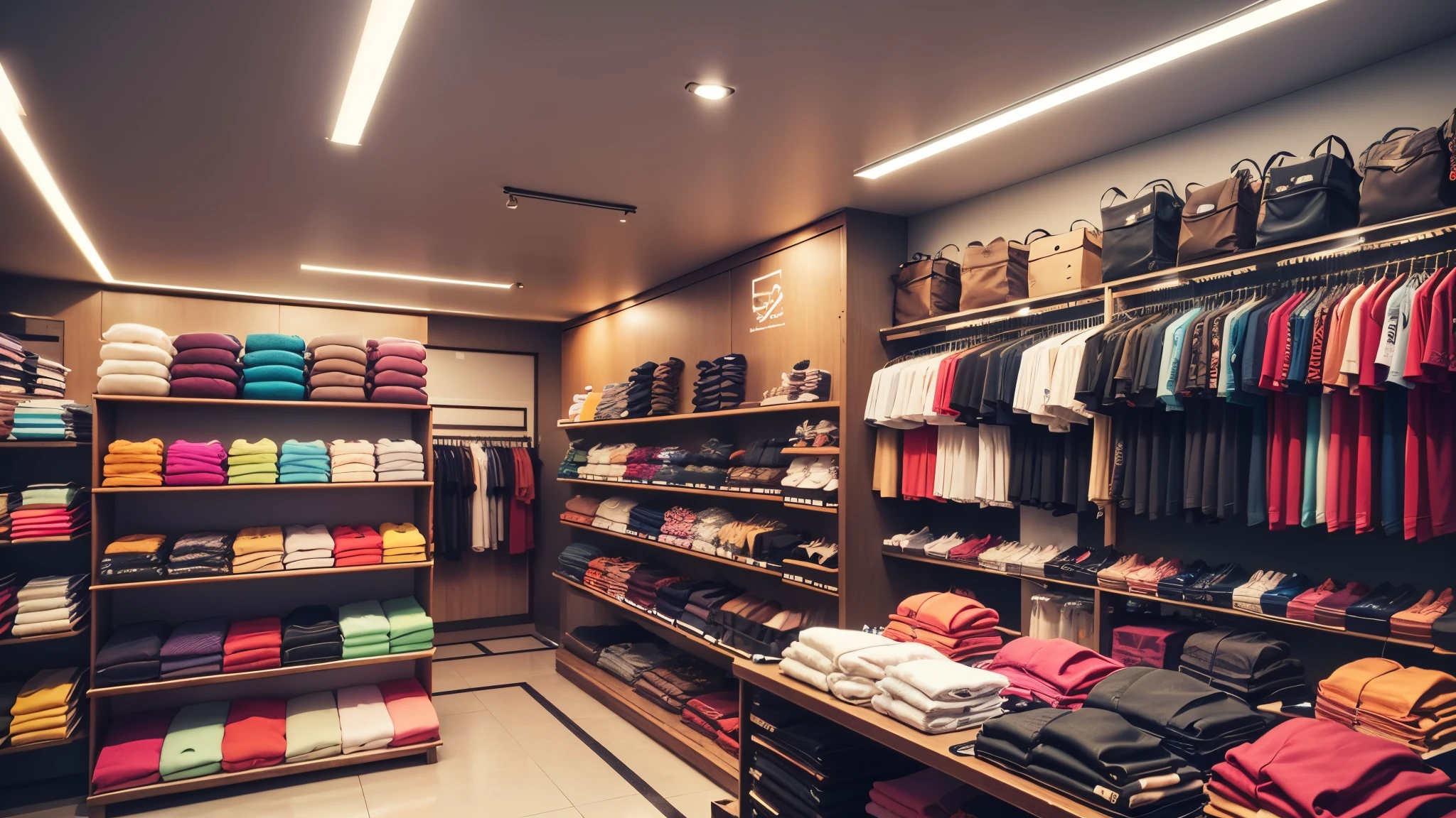 good lighting store with garments, variety of tshirts, mugs, hats, pants, attractive store, hyper realistic --auto --s2