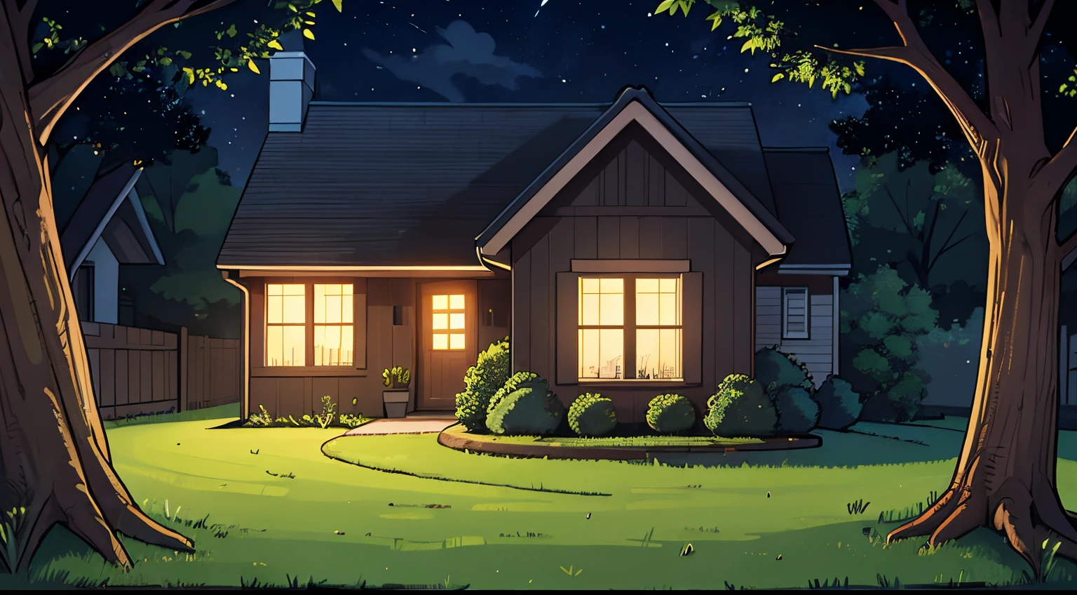 grass, side of a house, a tree close up view, dark sky, dark night, stars,