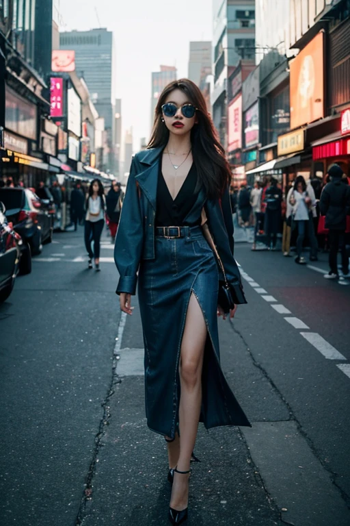Beautiful city girl with elaborate makeup, Stylish clothes, classy fashion sense, Long straight hair, Bring a stylish handbag, And wear trendy sunglasses, Walk with confidence through the busy streets of Seoul [urbane, Modern, Vibrant]. Her perfect porcelain skin shone in the sun, Highlight her flawless complexion. The vibrant colors of the cityscape create a vivid background, The market is lively, neon light, and skyscrapers [Dynamic, Energetic]. The girl is surrounded by a group of fashionable girls, Variety of styles, each one reflects a personality [Stylish, difference]. The overall scene exudes charm and sophistication.

The artwork is、Rendered using a combination of digital painting and photography techniques [Mixed Media, Contemporary]. it shows high level details, Girls have intricate patterns on their clothes, Highlight her fashion-forward style. Well-designed lighting，Create a soft and dramatic effect, Enhance the overall mood of the image [Soft lighting, Dramatic atmosphere]. The color palette is、Composed of bright and saturated colors, Give your artwork a bold and attractive look [Vibrant, Colorful]. The composition of the artwork is carefully balanced, Draw the audience&#39;s attention to the fashion girl in the middle，Capturing the energy of the surrounding city [Balanced composition].

(Best Quality, 4K, hight resolution), Ultra-detailed, realistic artwork, With clear focus and vibrant colors, The perfect summary of the essence of urban fashion [masutepiece:1.2, Ultra-detailed, Realistic:1.37]. Image quality is top notch, Show all the intricate details of girls&#39; makeup, her stylish suit, Lively cityscape. The overall feel of the artwork is exquisite，visually stunning.
