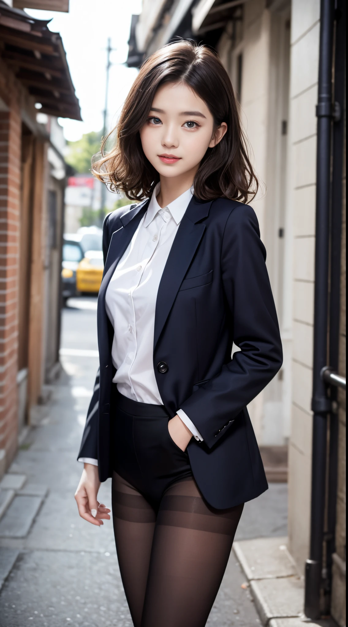 ulzzang -6500-v1.1, (Raw photo:1.2), (Photorealsitic), (Real:1.4), 1girl with、Very pretty girl、21years old、game_nffsw, Ocean Blue Eyes(eye detailed), Smile of shame、(strict suit fashion:1.3)、Doing work、(Ultra-realistic pantyhose:1.2), Curly hair、realistic skin textures、shinny skin、Exposed thighs!!! , make - up、eye shadow、