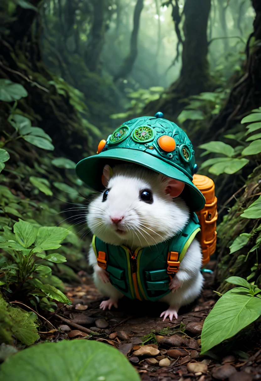 (Best quality,4K,8K,A high resolution,tmasterpiece:1.2),ultra - detailed,(actual,realistically,realisticlying:1.37),Dark, vibrant with colors, Magical atmosphere, Glowing mushrooms, Whimsical, ((1 cute hamster adventurer，Wear a set of lightweight and durable adventure gear，Camouflage color adventure vest，Wearing an adventure hat，Bring a small hiking pole, Explore a Mayan temple in a pristine jungle)), Surreal, Psychedelic, Complicated details, Beautiful texture, Ethereal, like a dream, Soft glowing light, Charming Patterns, Fantasy creatures, Hidden surprises, dreamlike landscapes, Surreal color palette, Mystic aura, ultra-realistic realism, Enchanting journey, psychedelic trip, vivid imagination, immersive experience, mysterious creature, otherworldly charm, glowing paths, light up the forest floor, surreal sky, whimsical characters, glowing light eyes, a magical encounter, adventure helmet, Fascinating artwork