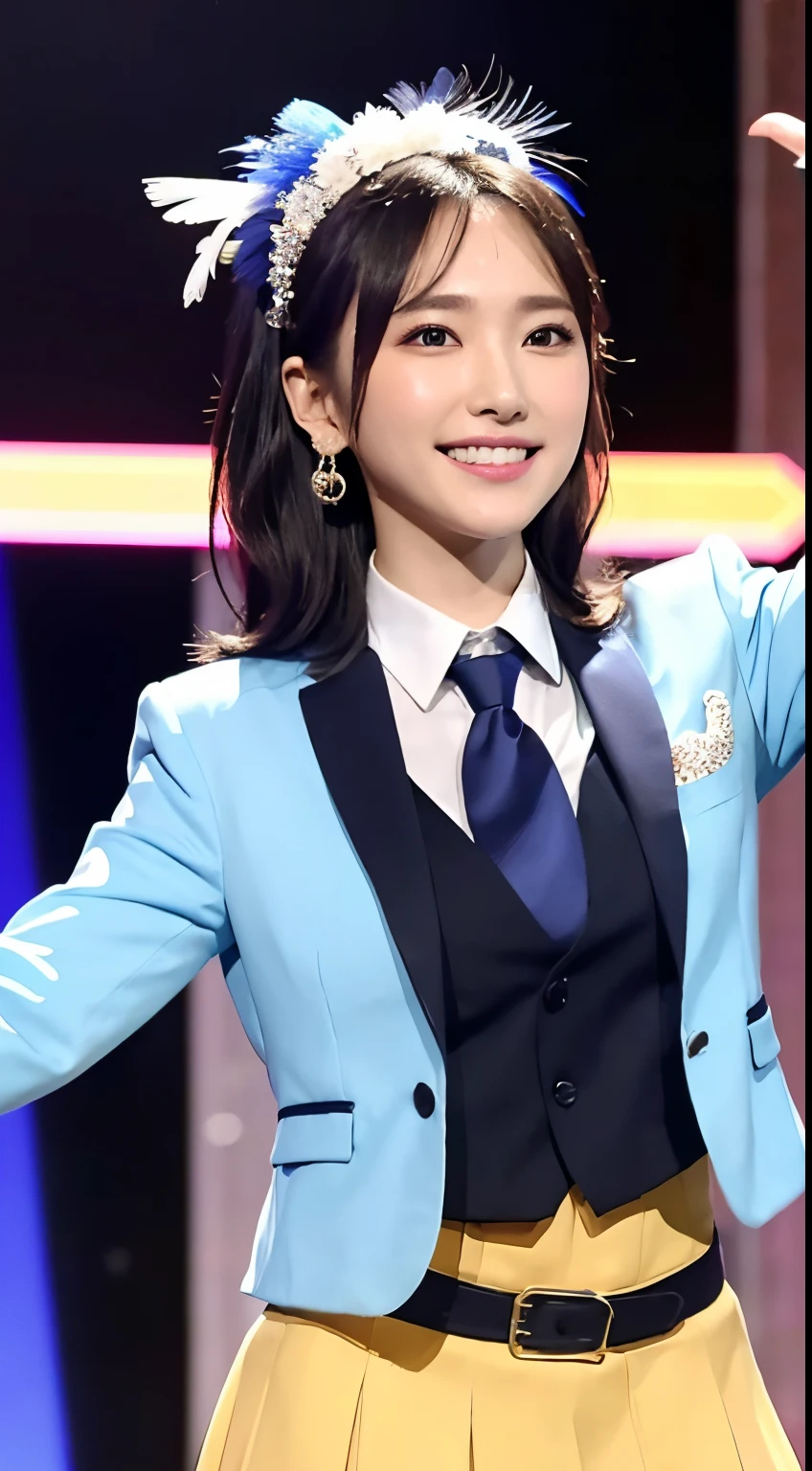 ​masterpiece、1 beautiful girl、A detailed face、A detailed eye、Detailed skin、Detailed hand、top-quality、Illuminated from the front with bright lighting、profetional lighting、Facing straight ahead、The background is a little blurry、The costume is an idol costume typical of AKB48(Check short skirts、Jacket Feather Hair Ornament、Cute tie)、Trendy Korean Cosmetics、Amazing smile、Dance on live stage、
Some of the costumes and hair accessories are blue.、
Hairstyle is long、
Age is 18 years old、
Spread your left arm wide、
The color of the eyeball is black、