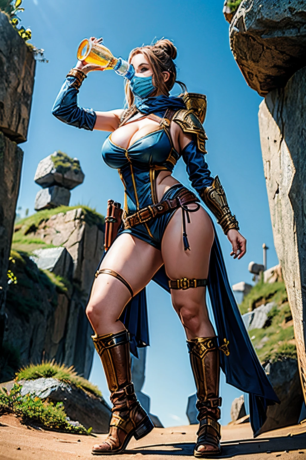 female Hamster Adventurer, drinking pose, full body shot, gigantic breasts --ar 2:3