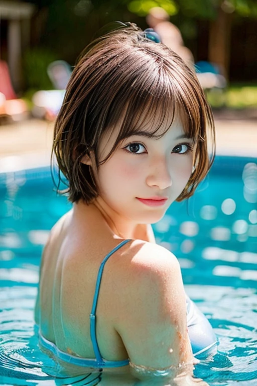 Best Quality, hight resolution, photos realistic, Detailed skin texture, Cute Girl, Young Face, ((Naked)), flat chest, ((Approximately )), Shy, Facing the camera, slim figure, Charming gaze, japanaese girl, Fair skin, zora々appearance, length hair,　swimming pools、bustshot、eye glass、Short stature、