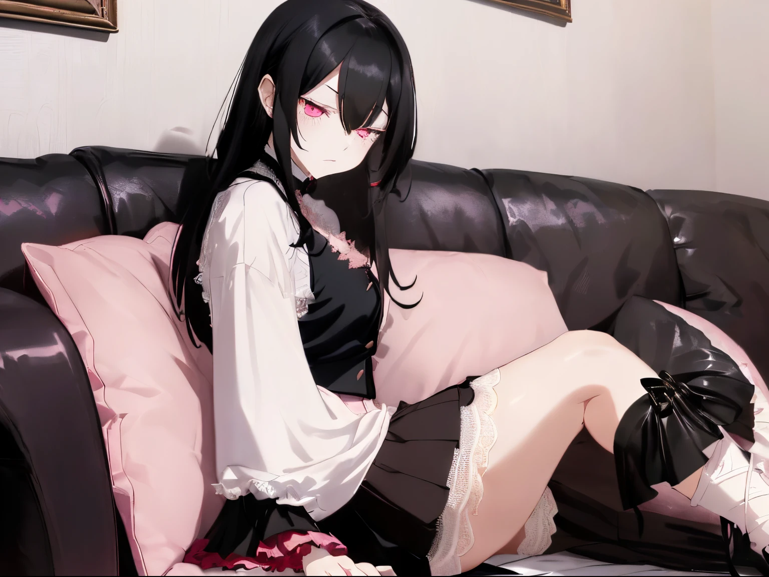((Black hair)),((Medium Hair)),((super straight hair)),((pale pink eyes)),(bishop sleeve long sleeve clothing),(White lace vest),(red wide hair band),((black leather long skirt)),sleep sprawled out on the sofa in your room,((Close your eyes and fall asleep)),((Bakugou)),(Feeling of fatigue and weakness),