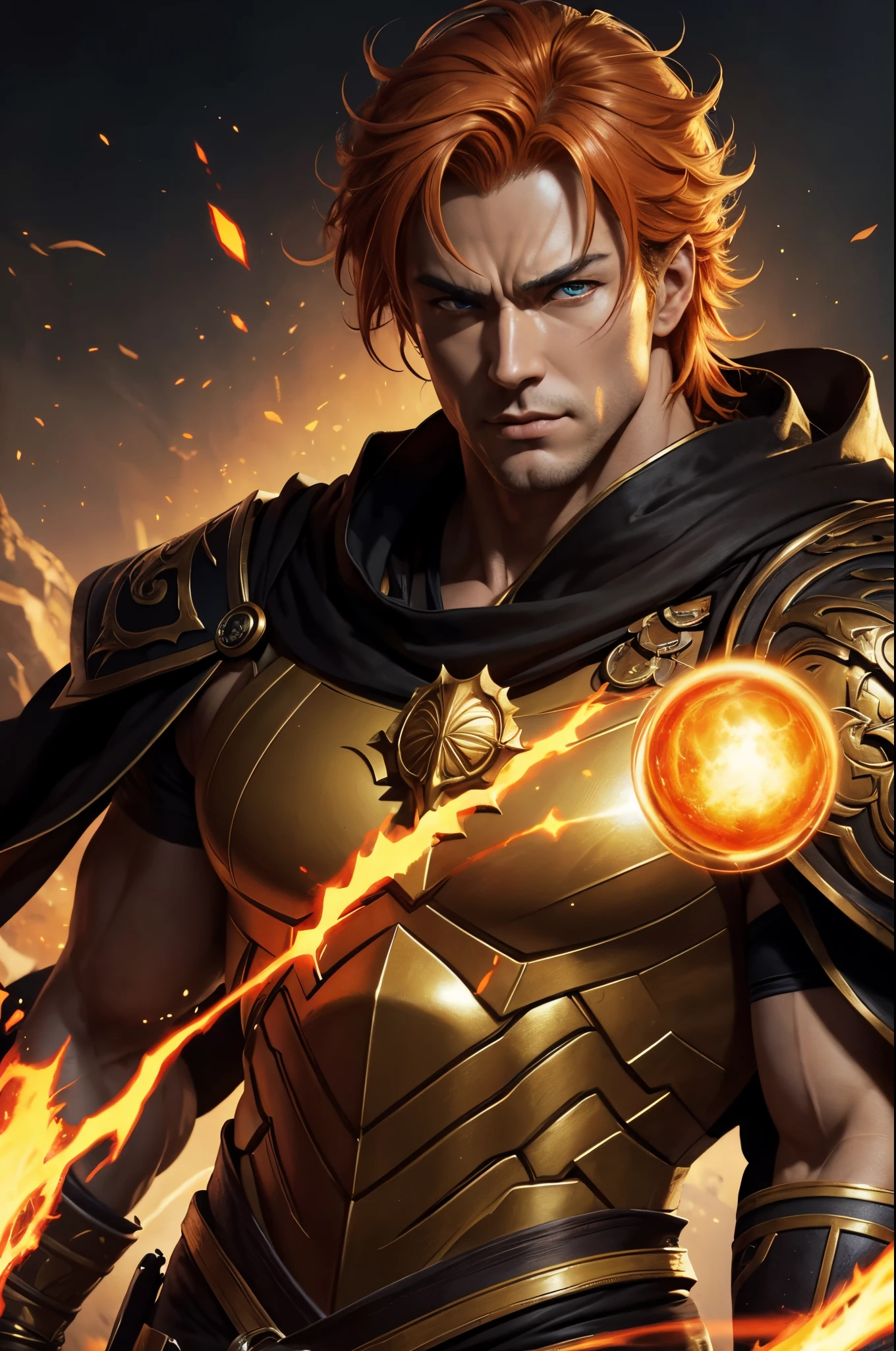 8K,super handsome god,Fearless face,Close-up of a man with orange hair and a cloak, muscular macho god,spews magma from the body(magma effect)Golden Eyes(Glowing gold effect)dio brando, handsome guy in demon slayer art, by Yang J, very detailed Artgerm, Stanley Artgerm Lau, Portrait of Lang, hero character art, by ruan jia and stanley artgerm, rossdraws digital painting, inspired by Yang Jin, Artgerm jsc,超A high resolution,super realistic skin,Fantasyart,(​masterpiece)