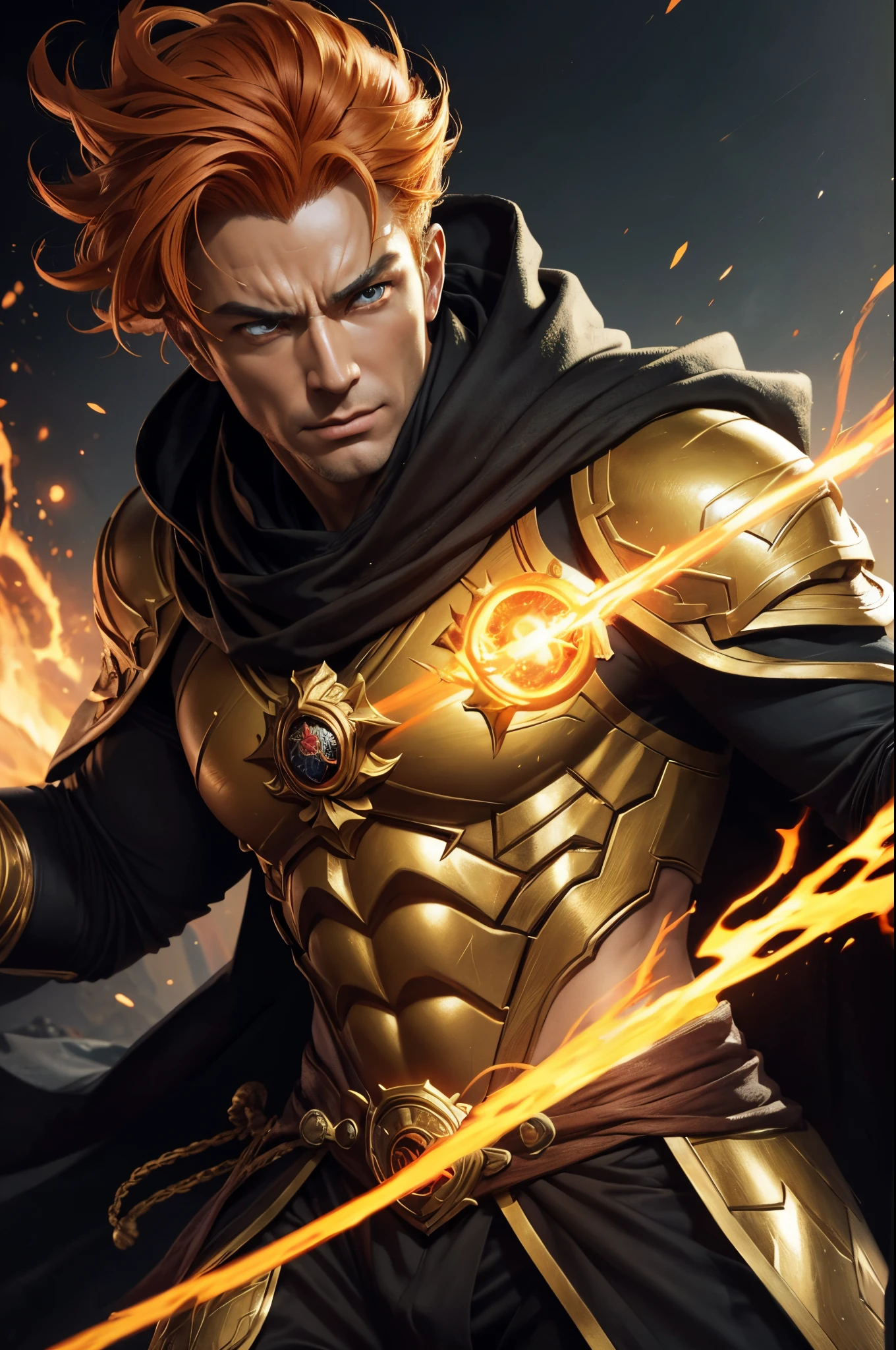 8K,super handsome god,Fearless face,Close-up of a man with orange hair and a cloak, muscular macho god,spews magma from the body(magma effect)Golden Eyes(Glowing gold effect)dio brando, handsome guy in demon slayer art, by Yang J, very detailed Artgerm, Stanley Artgerm Lau, Portrait of Lang, hero character art, by ruan jia and stanley artgerm, rossdraws digital painting, inspired by Yang Jin, Artgerm jsc,超A high resolution,super realistic skin,Fantasyart,(​masterpiece)