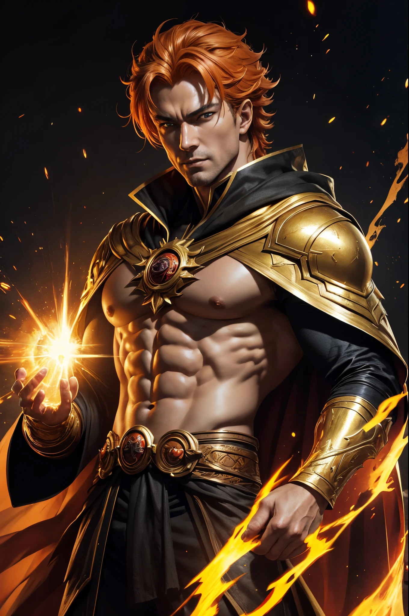 8K,super handsome god,Fearless face,Close-up of a man with orange hair and a cloak, muscular macho god,spews magma from the body(magma effect)Golden Eyes(Glowing gold effect)dio brando, handsome guy in demon slayer art, by Yang J, very detailed Artgerm, Stanley Artgerm Lau, Portrait of Lang, hero character art, by ruan jia and stanley artgerm, rossdraws digital painting, inspired by Yang Jin, Artgerm jsc,超A high resolution,super realistic skin,Fantasyart,(masterpiece)