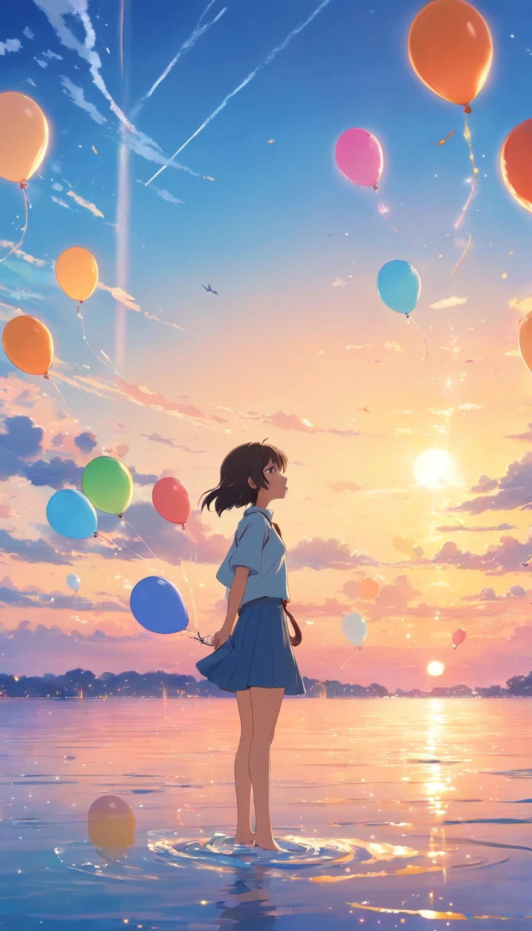 Girl floating in the sky,Surrounded by colorful balloons,,daysies,云,Warm and soft lighting,the sunset,(spark of light:0.7), tmasterpiece,Best quality,cinematic Film still from,
