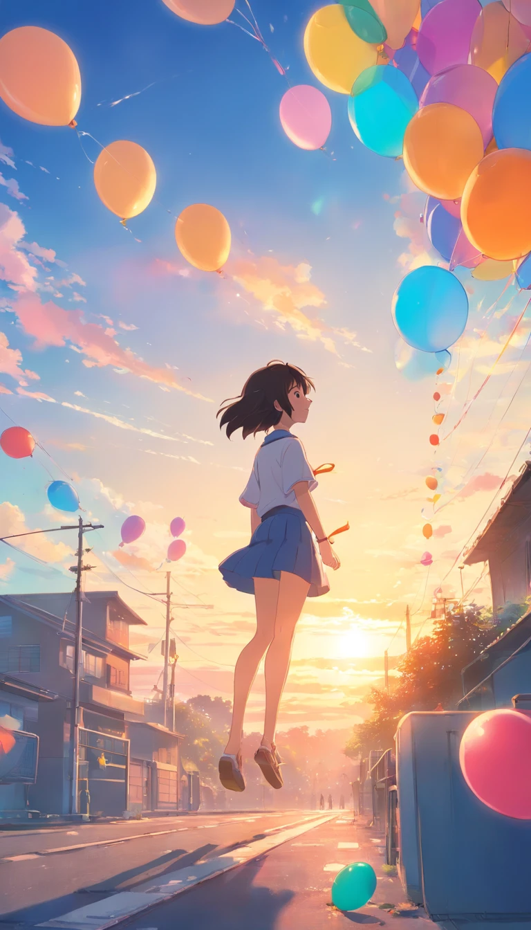Girl floating in the sky,Surrounded by colorful balloons,,daysies,云,Warm and soft lighting,the sunset,(spark of light:0.7), tmasterpiece,Best quality,cinematic Film still from,