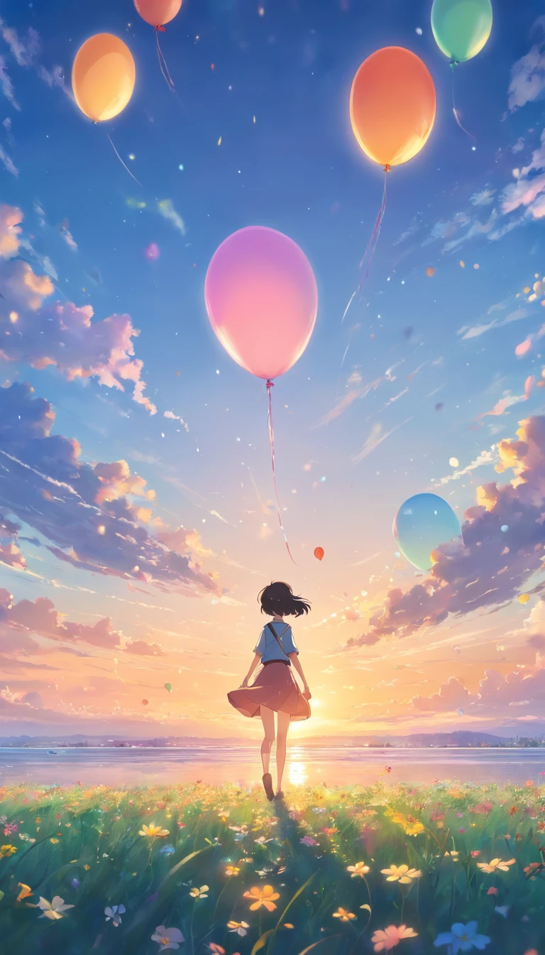 Girl floating in the sky，Surrounded by colorful balloons，，daysies，云，Warm and soft lighting，the sunset，（spark of light：0.7）， tmasterpiece，Best quality，cinematic Film still from，