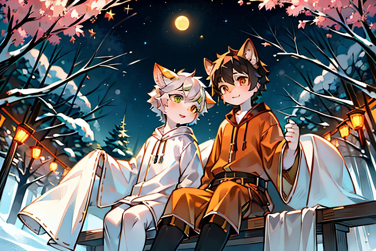 Wearing a white robe、green eyed white deer,brunette color hair、Orange-eyed wolf wearing orange shirt,Sit in the snow,starrysky,moon full,stars shining bright,falling flower petals,Peach blossom tree,Leaning together,shota,lovely boy,two guys,peaceful night,Clear face,sitting under a tree,lanterns,ornate backdrop