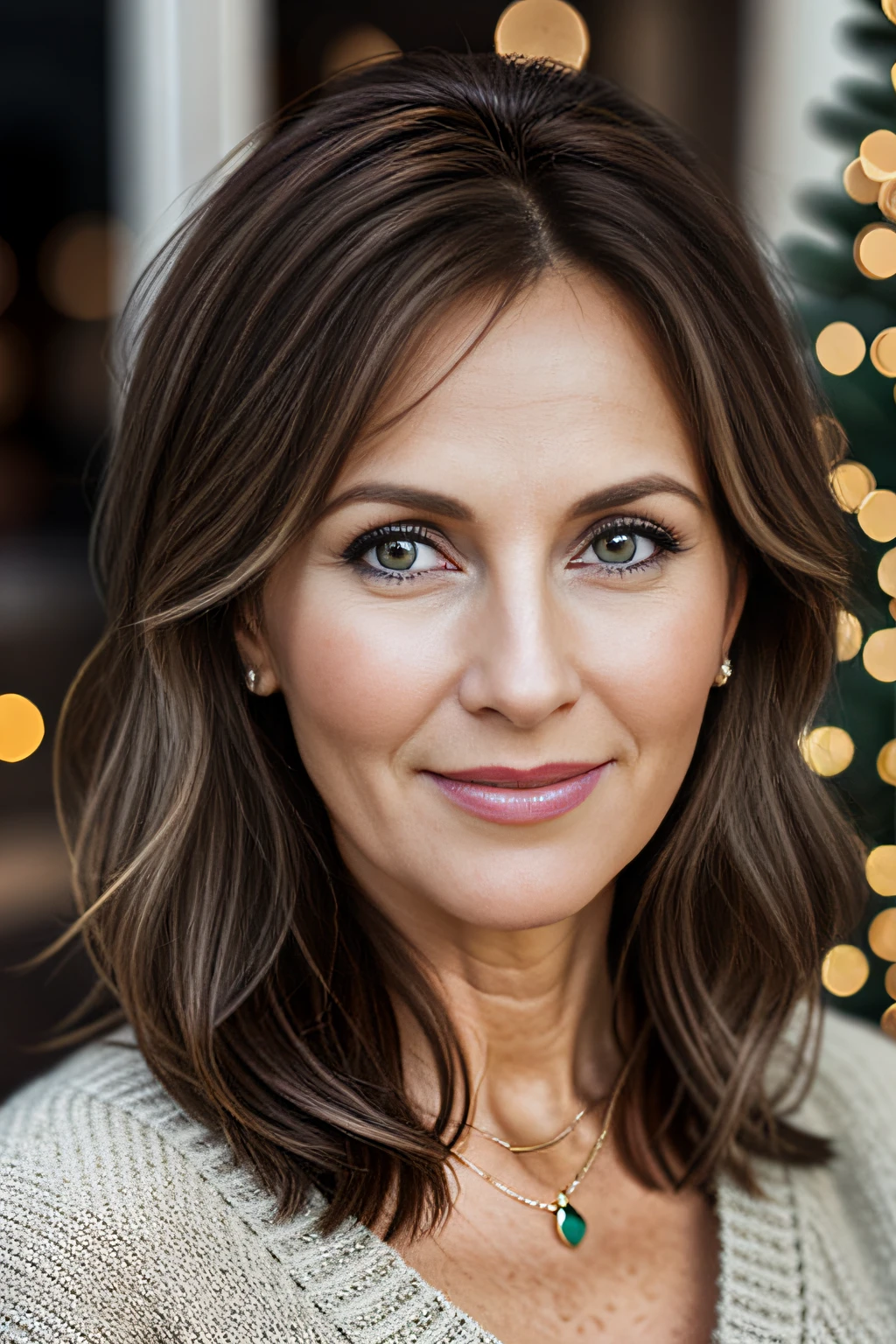 Photo of a mature European woman, Milf, beautiful face, brown hair, slightly aged, 45 year old, closeup, neutral colours, indoor, Shopping mall, shopping, Christmas, presents, gifts, fairy lights, Christmas tree, stylish, lifestyle