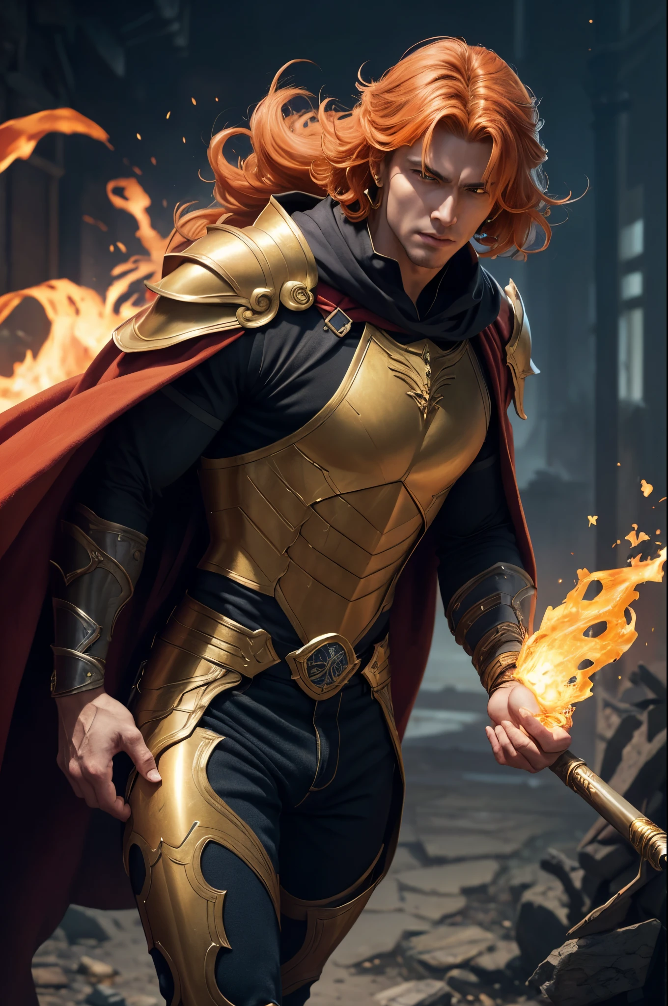 8K,super handsome god,Fearless face,Close-up of a man with orange hair and a cloak, muscular macho god,spews magma from the body(magma effect)Golden Eyes(Glowing gold effect)dio brando, handsome guy in demon slayer art, by Yang J, very detailed Artgerm, Stanley Artgerm Lau, Portrait of Lang, hero character art, by ruan jia and stanley artgerm, rossdraws digital painting, inspired by Yang Jin, Artgerm jsc,超A high resolution,super realistic skin,Fantasyart,(masterpiece)Deities々new red, yellow and orange armor,luxury black pants,luxurious leg armor,