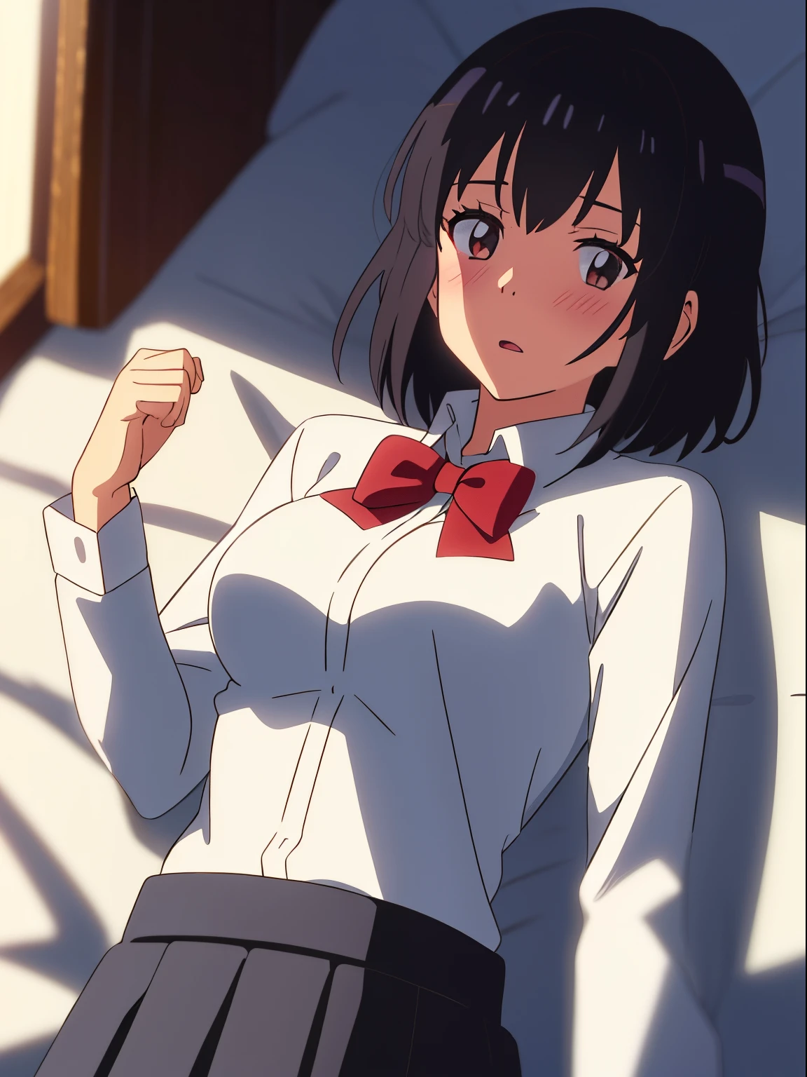 shinkai makoto, kimi no na wa., 1girl, bangs, open mouth, black hair, blush, breasts, medium breast, brown eyes, red bow, short hair, solo, upper body, white long sleeve shirt, medium breast, cowboy shot, lying, medium breasts, on back, grey skirt, bedroom, covering her chest,
