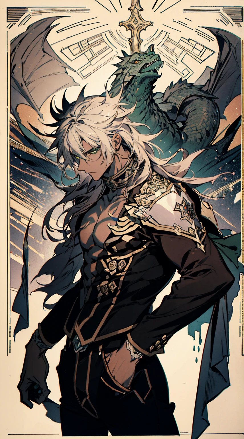 1young man, male photo, solo,gray hair,long hair, green eyes, cool,(masterpiece:1.3), (best quality1.2), high quality, ultra-detailed