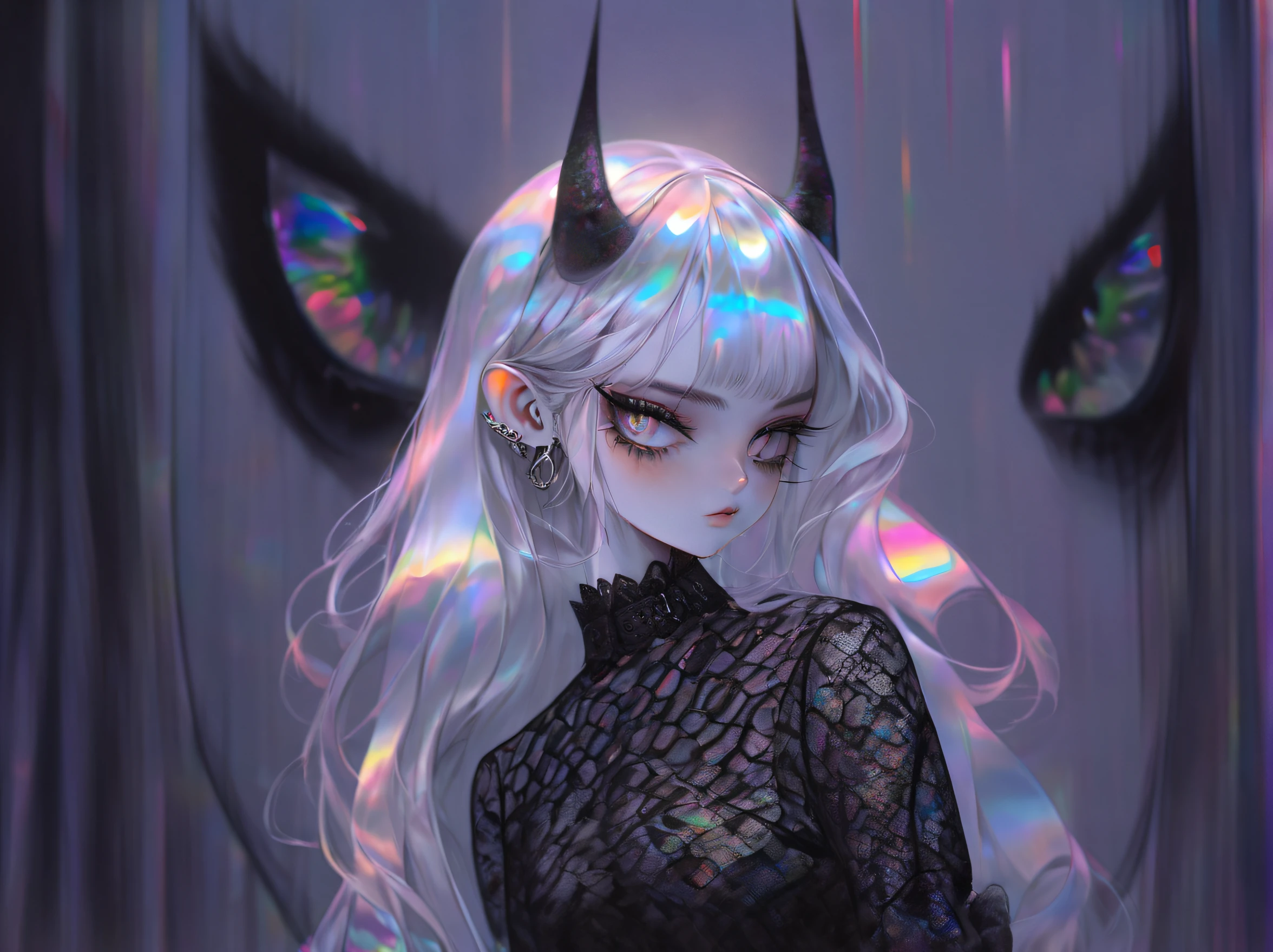 pale devil girl , ((above waist)), shot from far away, (largeeyes, Eyes are delicate and beautiful, Beautiful and delicate face, full body detailing), (prism shading, holo-infused ambiance, chromatic:1.2) Black lace shirt, Gothic background, (Long right angle:1.2) Sneakers with socks,