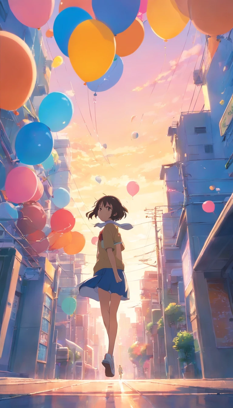 Girl flying in the sky，Surrounded by colorful balloons，，daysies，云，Warm and soft lighting，the sunset，（spark of light：0.7）， tmasterpiece，Best quality，cinematic Film still from，
